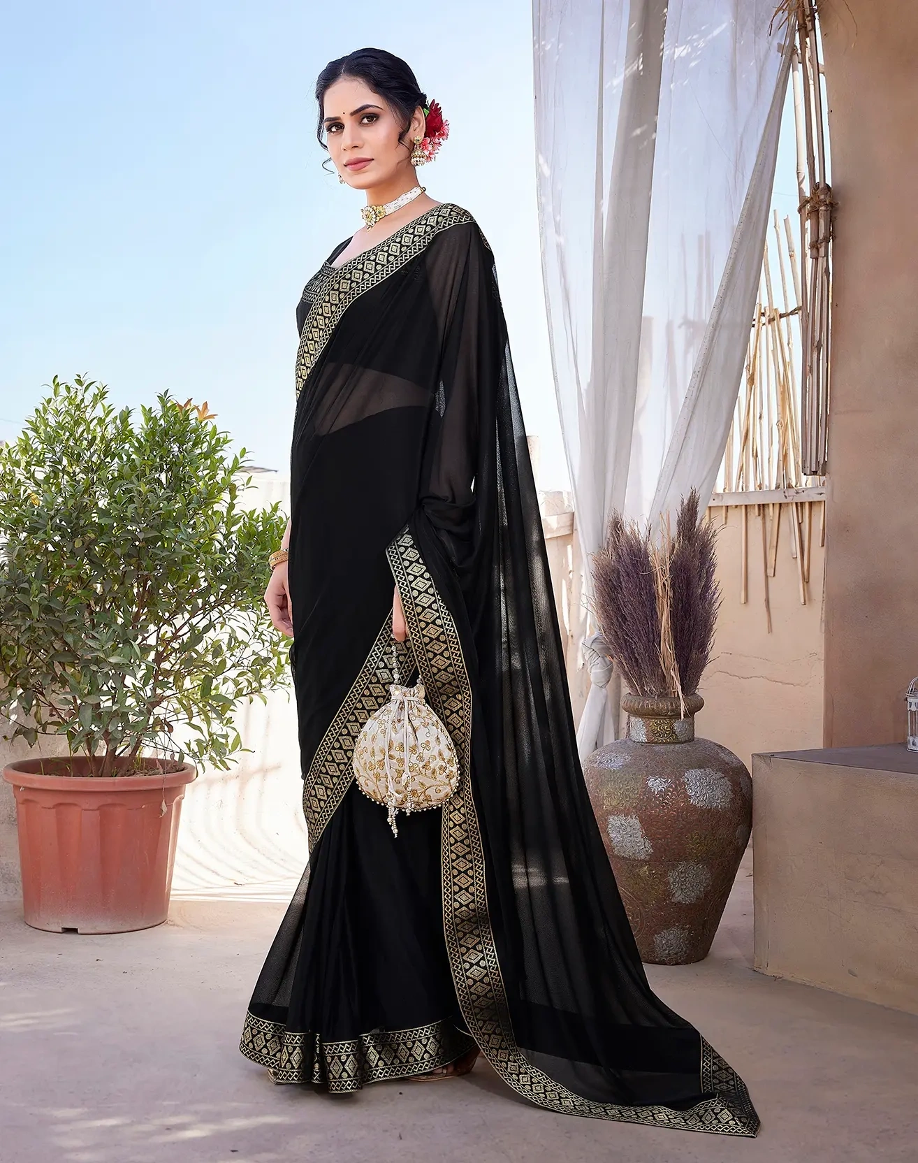 Lycra Blend Saree with Lace Border-Black-1