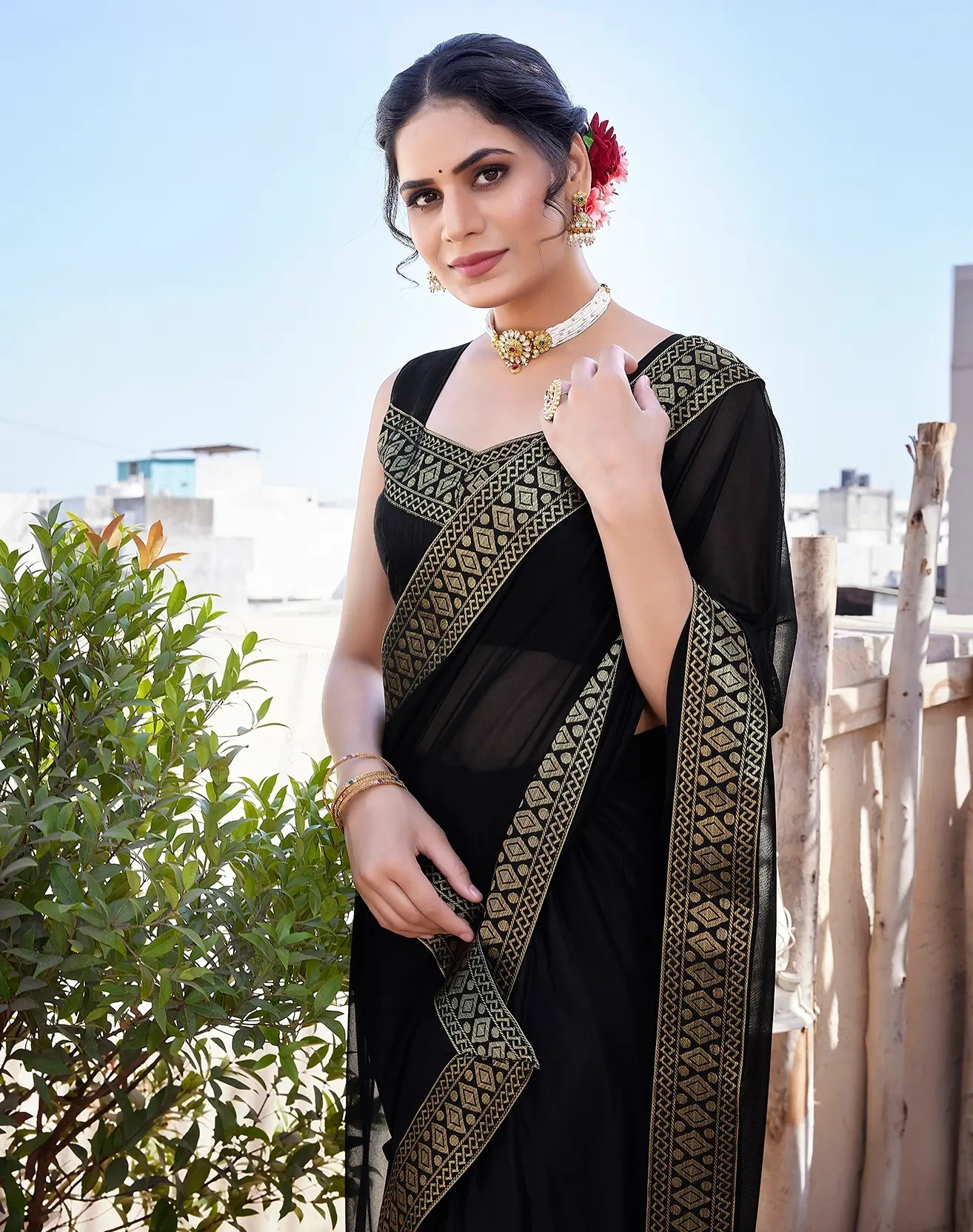 Lycra Blend Saree with Lace Border-Black-2