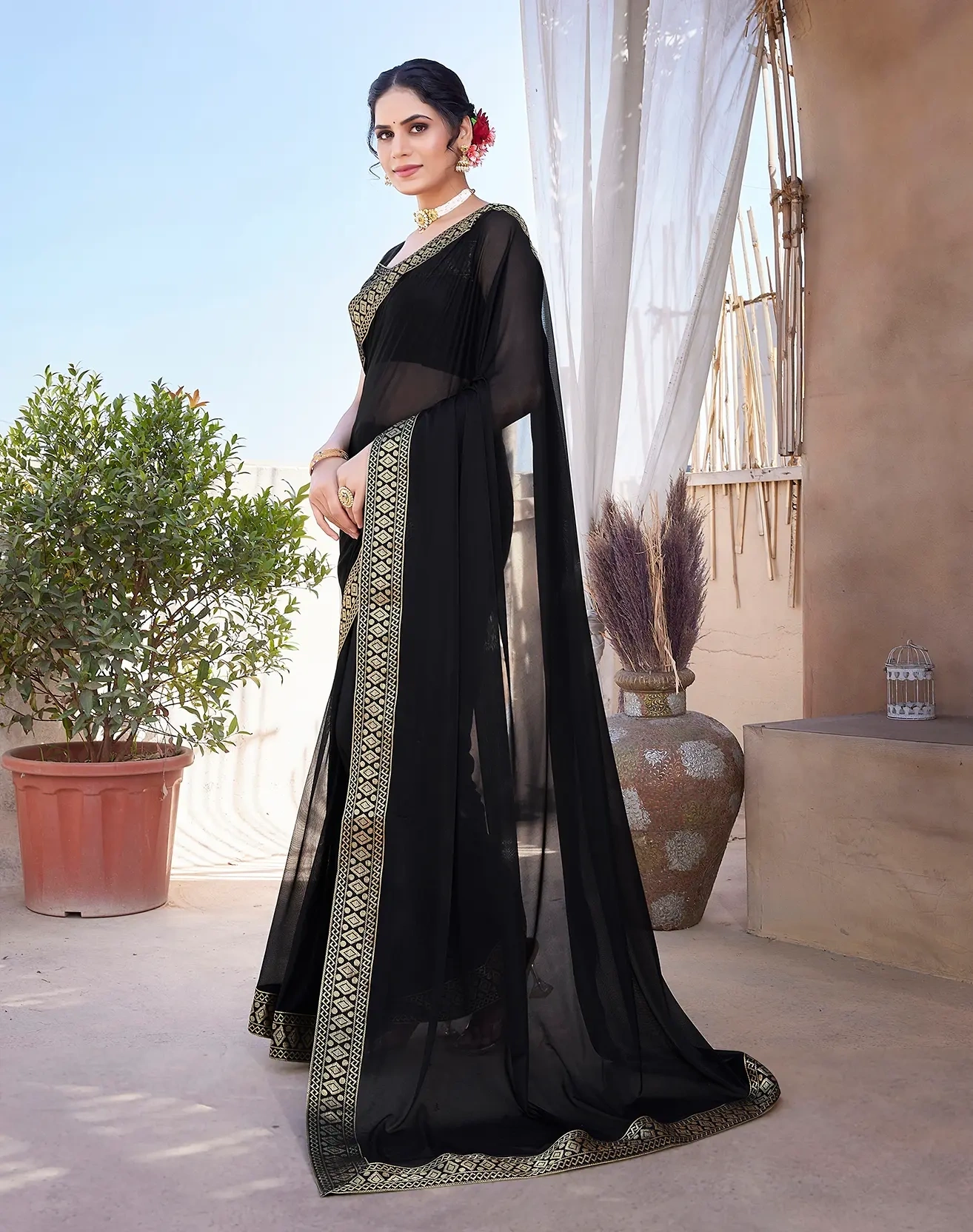 Lycra Blend Saree with Lace Border-Black-3