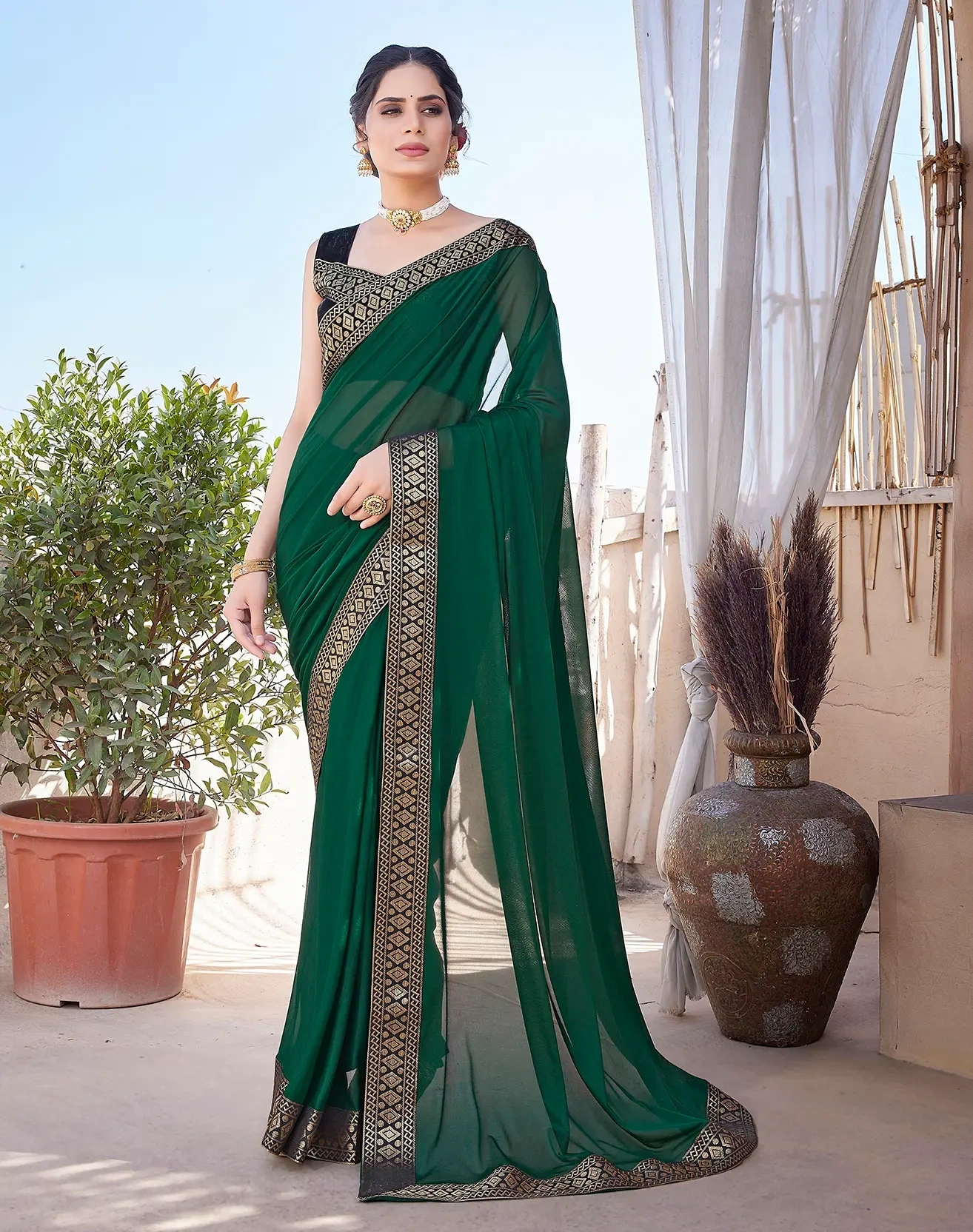 Lycra Blend Saree with Lace Border-KATRI-Green