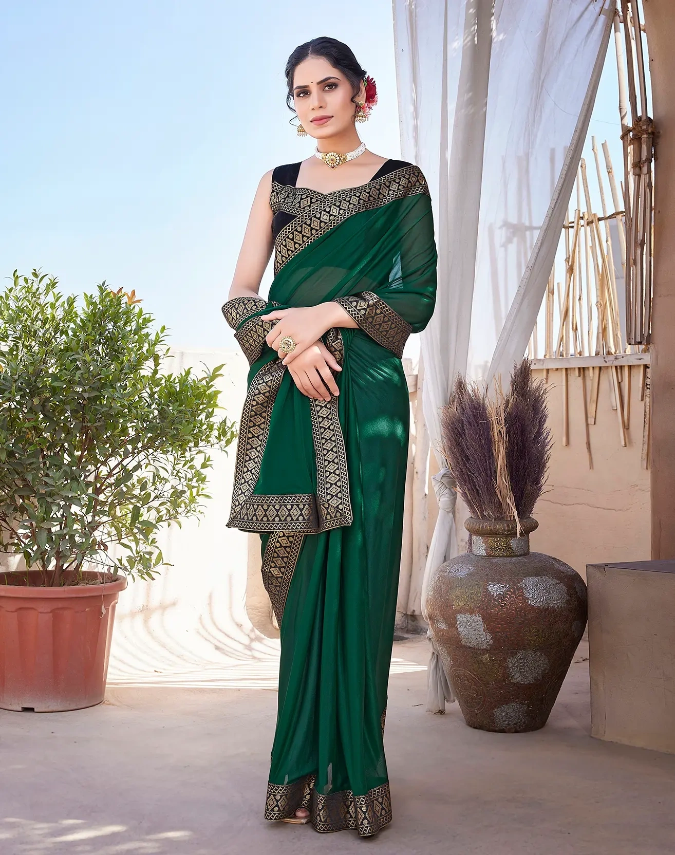 Lycra Blend Saree with Lace Border-Green-1