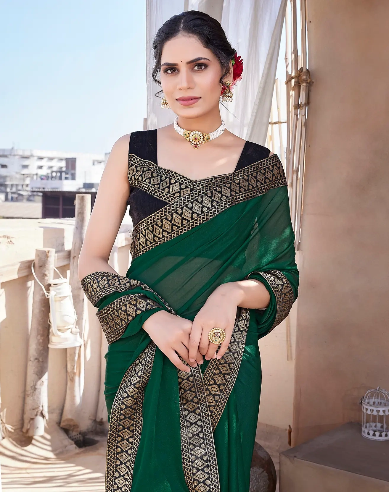 Lycra Blend Saree with Lace Border-Green-2