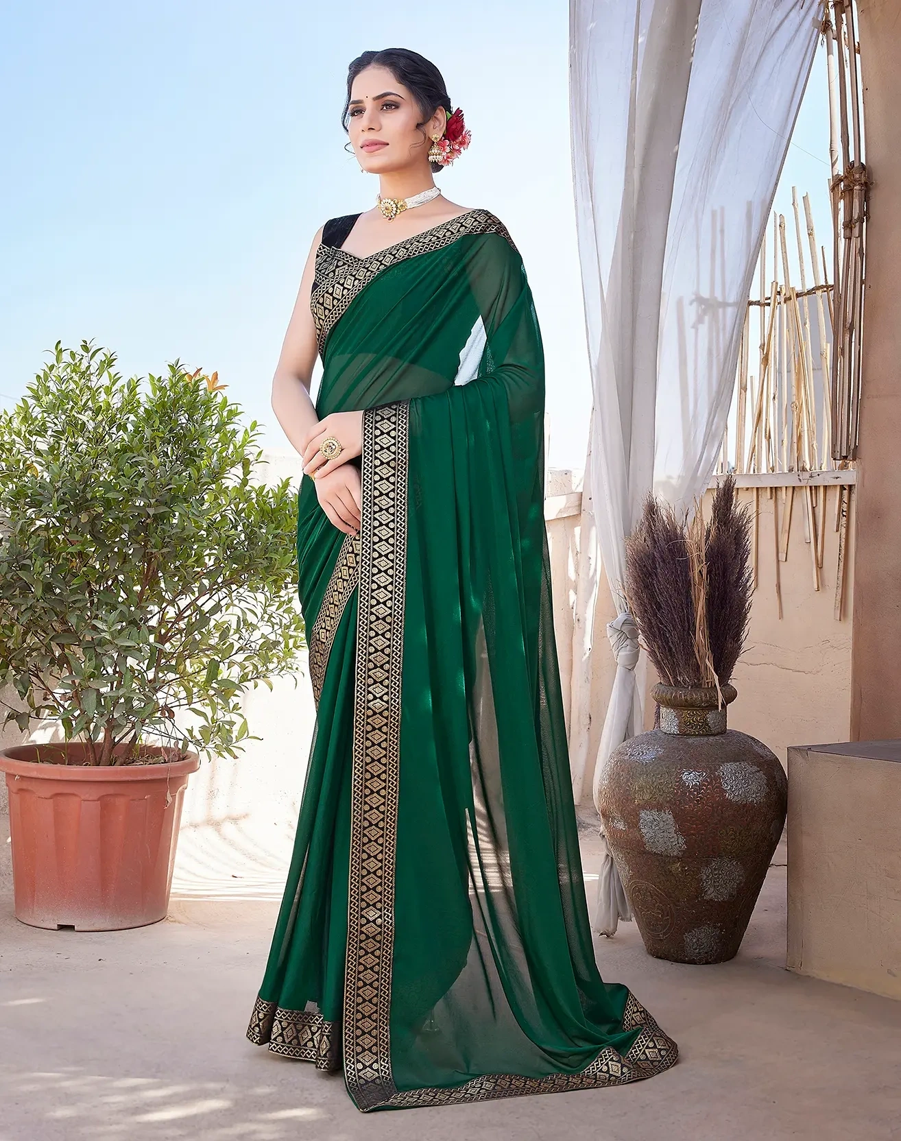 Lycra Blend Saree with Lace Border-Green-3