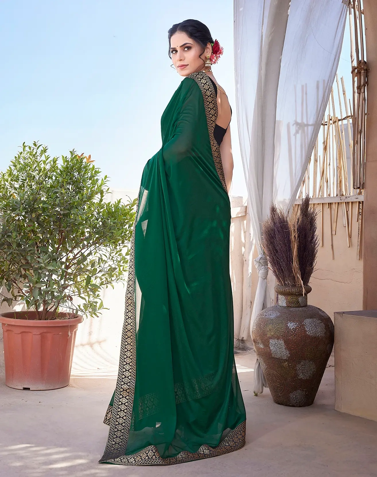 Lycra Blend Saree with Lace Border-Green-5