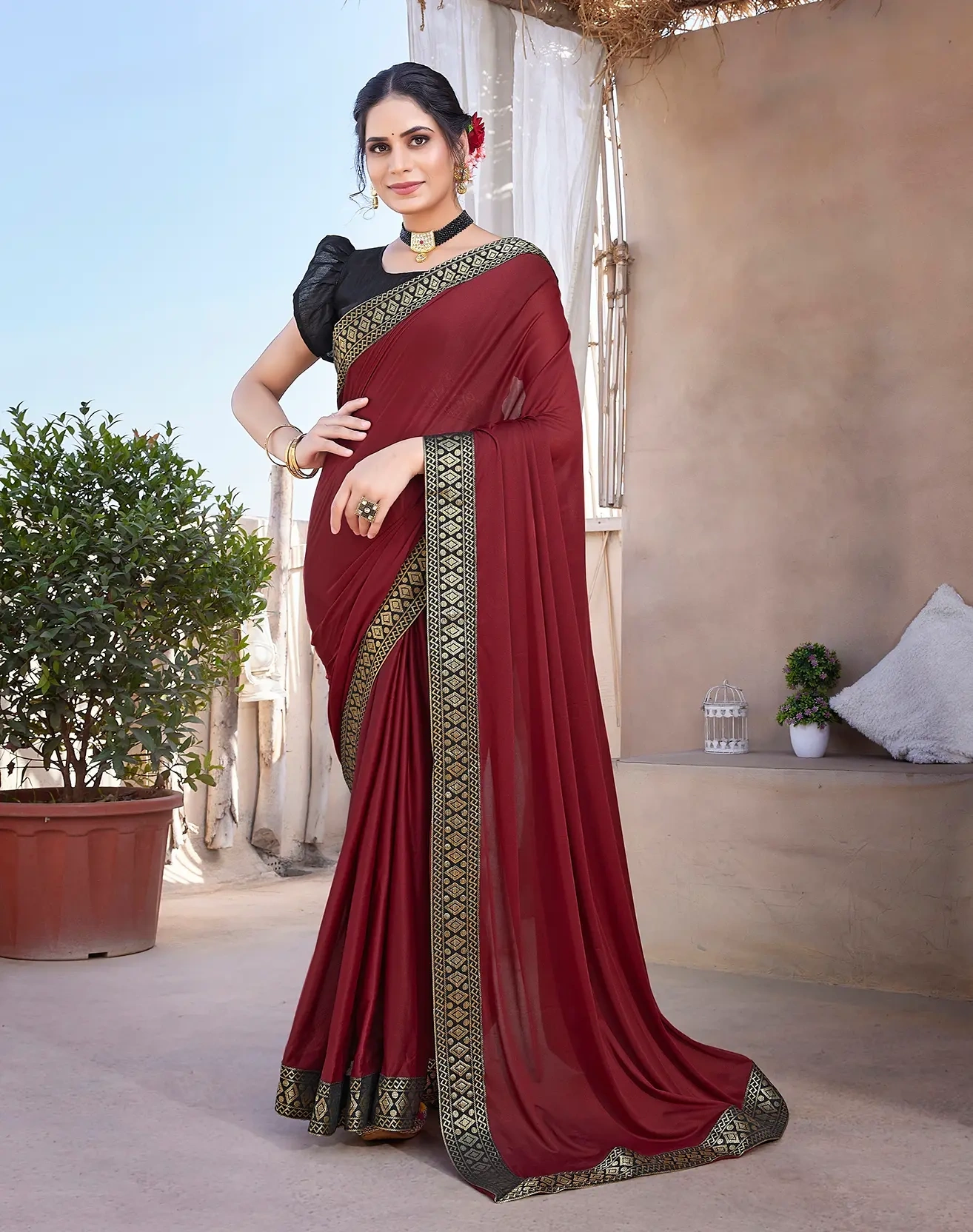 Lycra Blend Saree with Lace Border-KATRI-Maroon