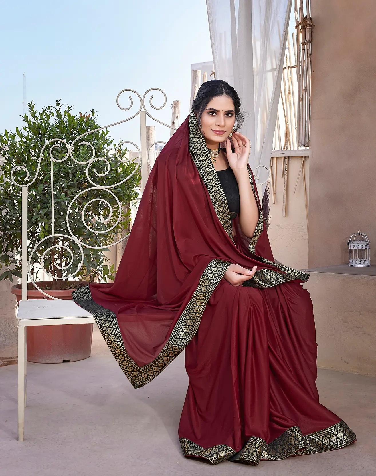 Lycra Blend Saree with Lace Border-Maroon-1