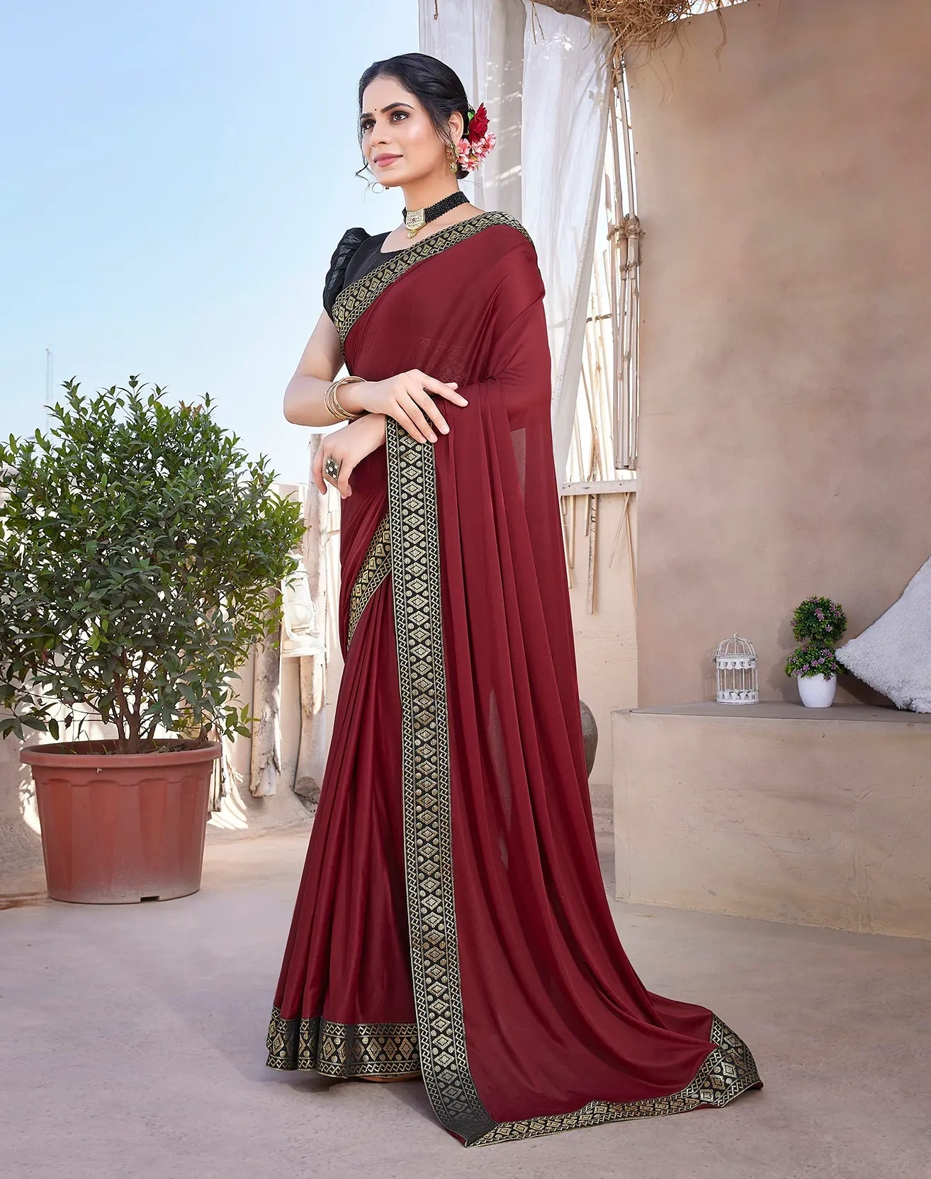 Lycra Blend Saree with Lace Border-Maroon-3