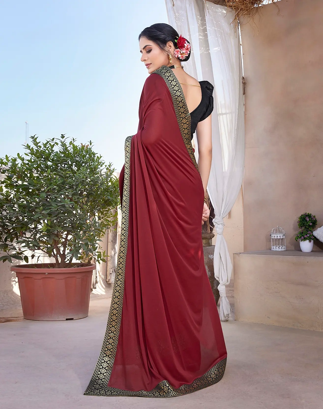 Lycra Blend Saree with Lace Border-Maroon-5