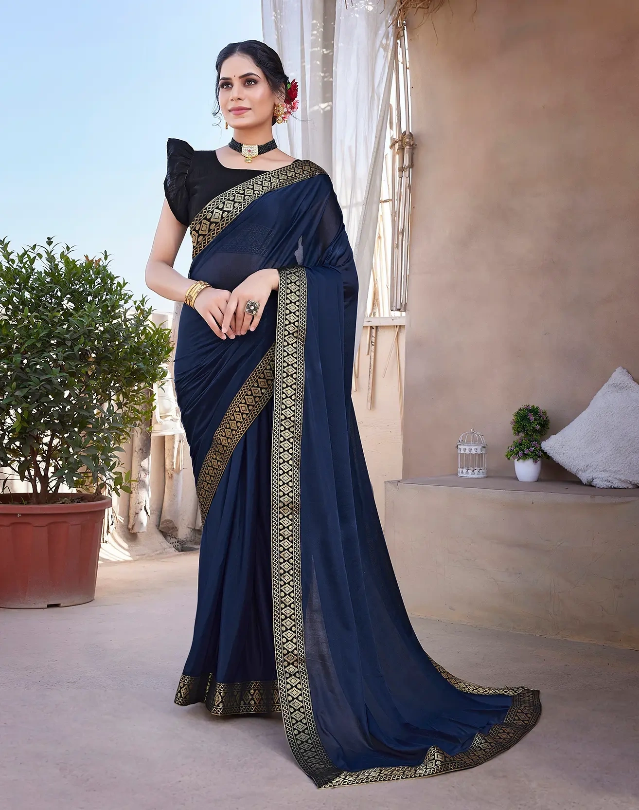 Lycra Blend Saree with Lace Border-KATRI_Navy