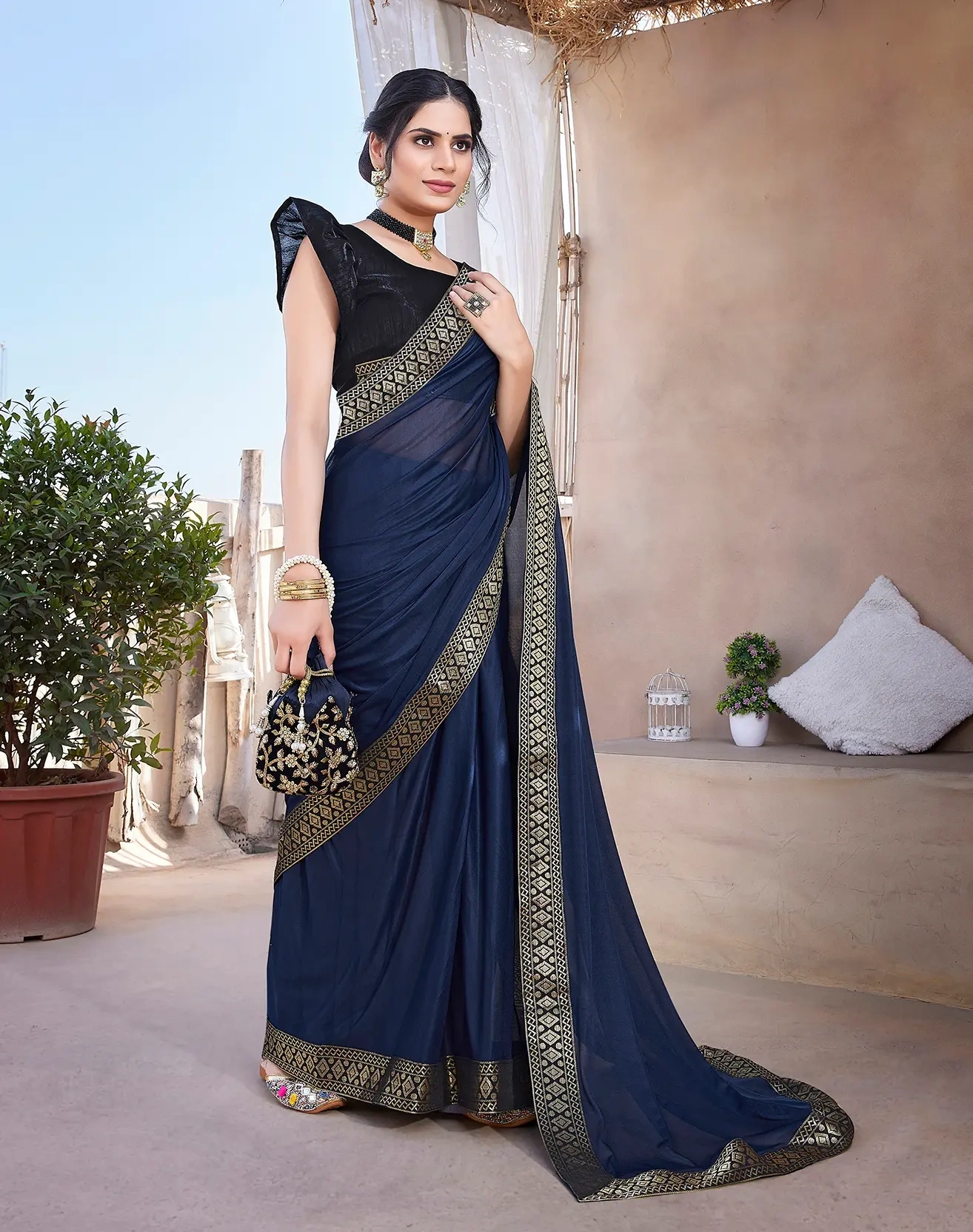 Lycra Blend Saree with Lace Border-Navy-1