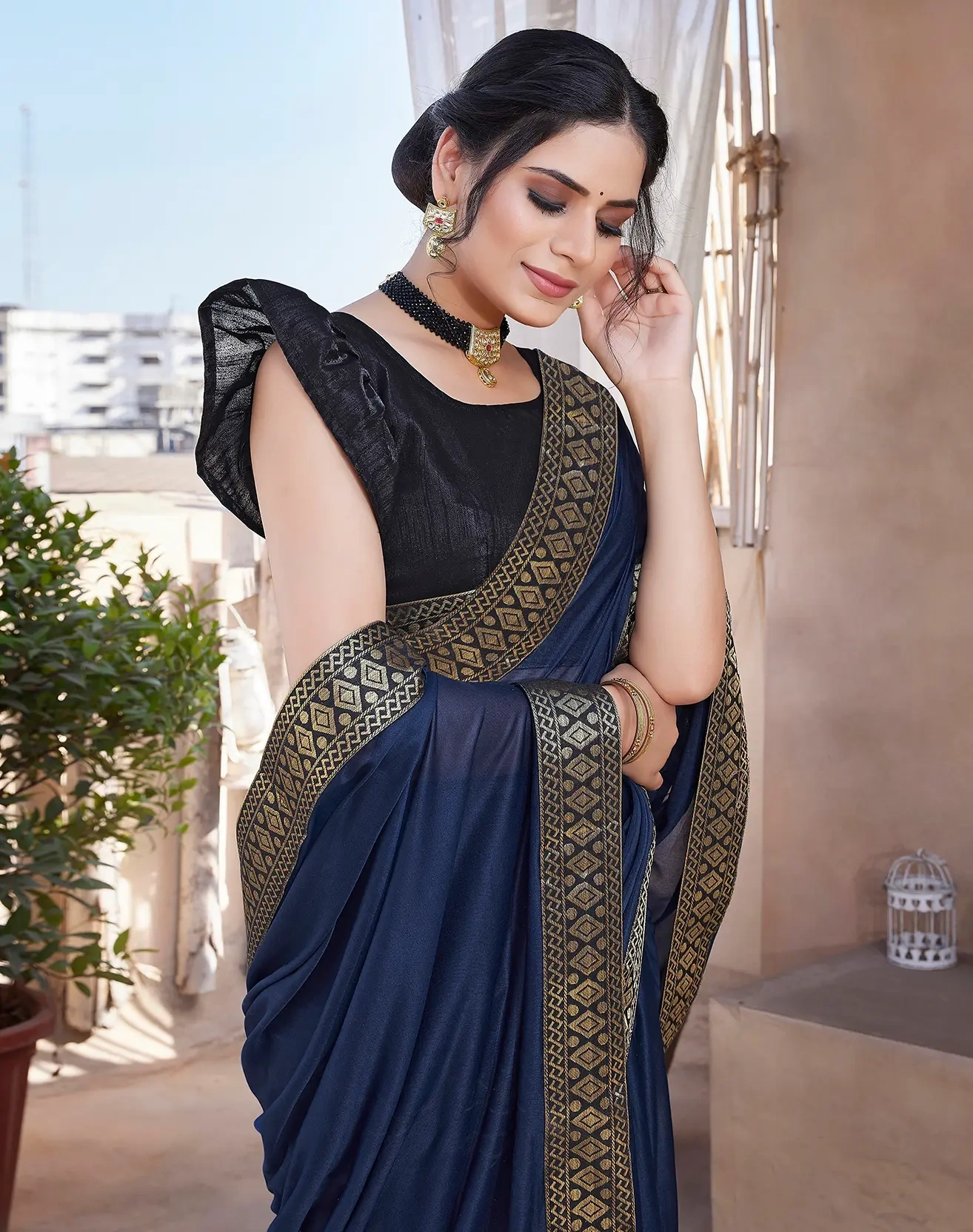 Lycra Blend Saree with Lace Border-Navy-2