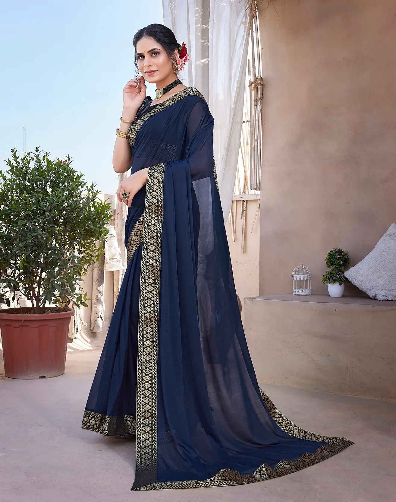 Lycra Blend Saree with Lace Border-Navy-3