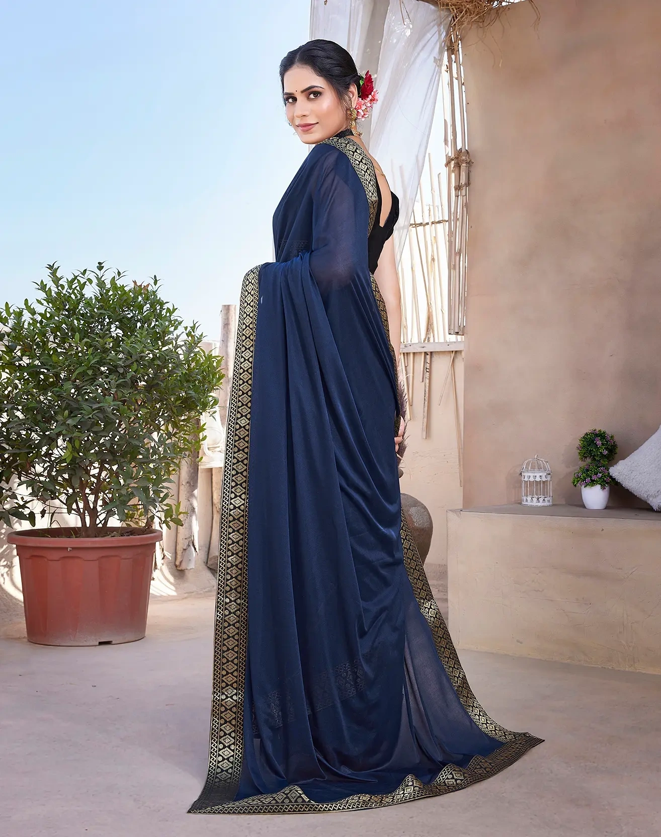 Lycra Blend Saree with Lace Border-Navy-5