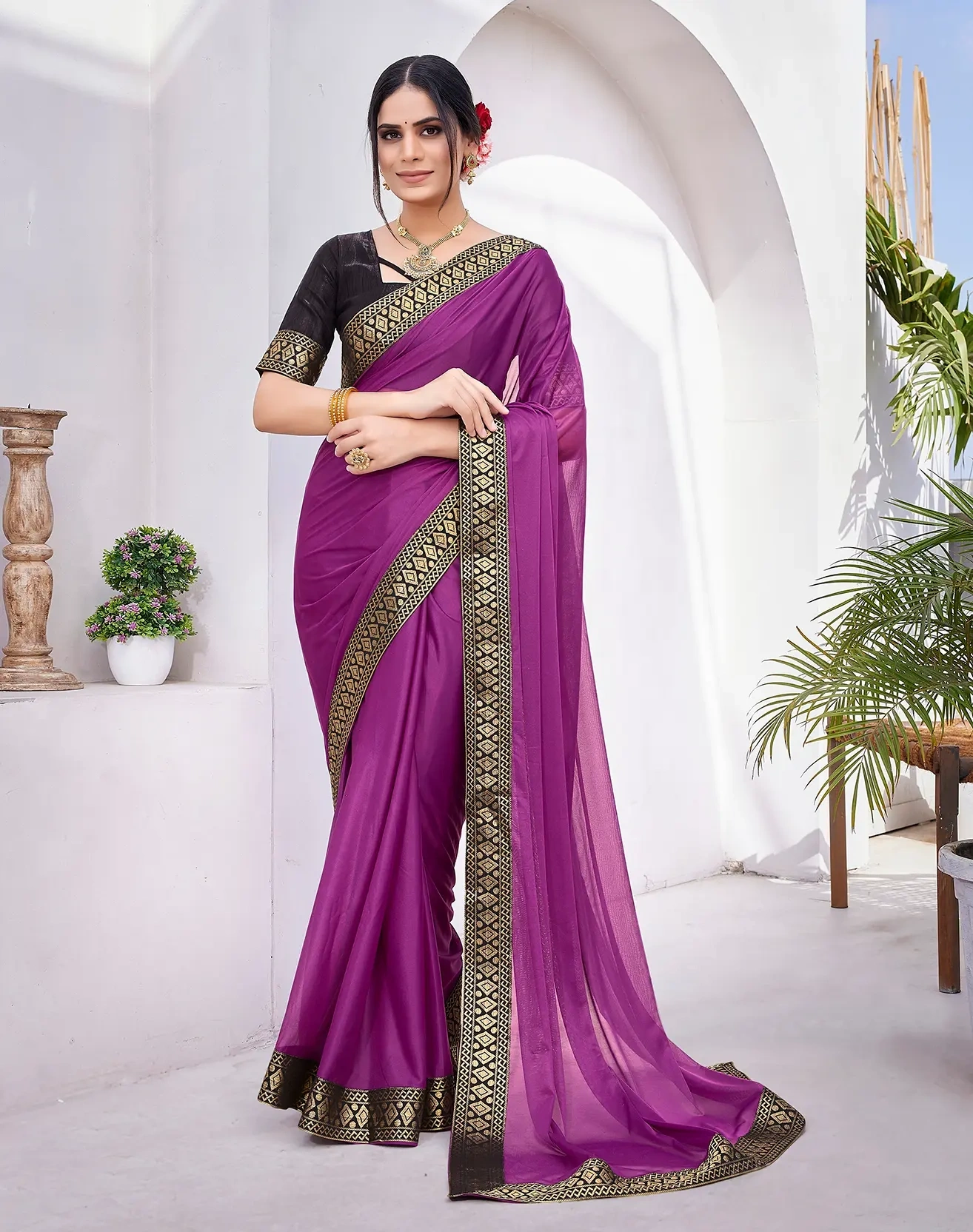 Lycra Blend Saree with Lace Border-KATRI-Purple