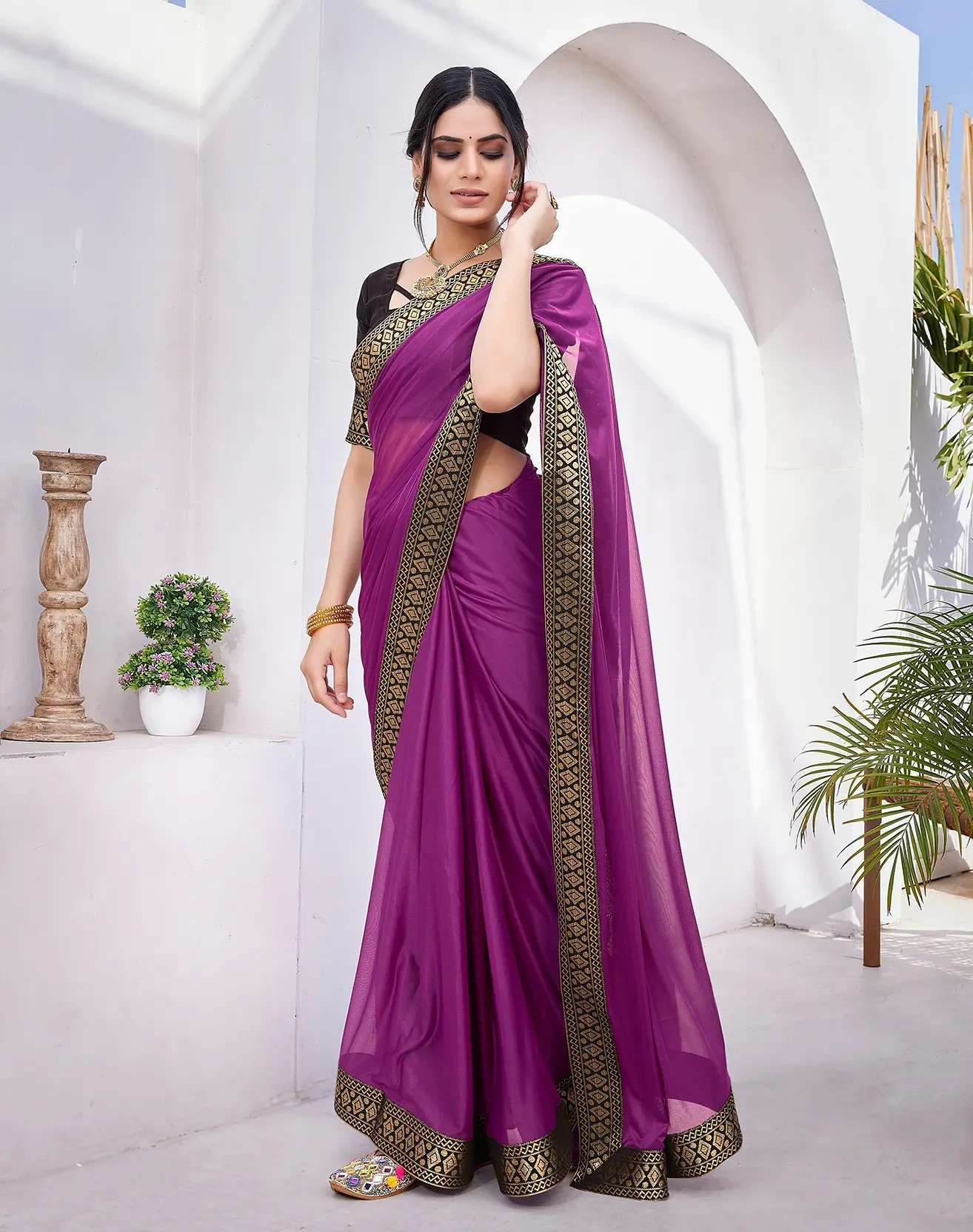 Lycra Blend Saree with Lace Border-Purple-1