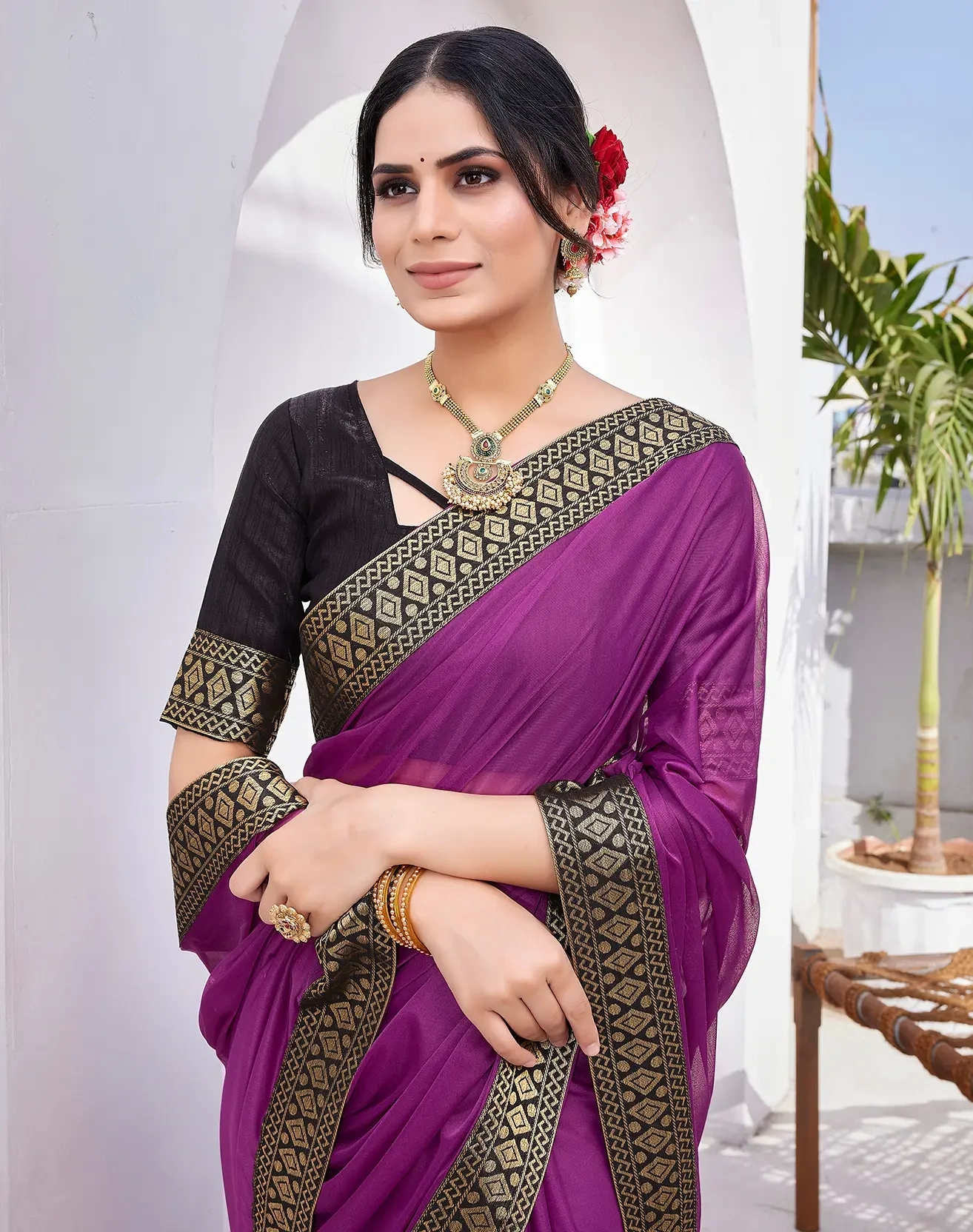 Lycra Blend Saree with Lace Border-Purple-2