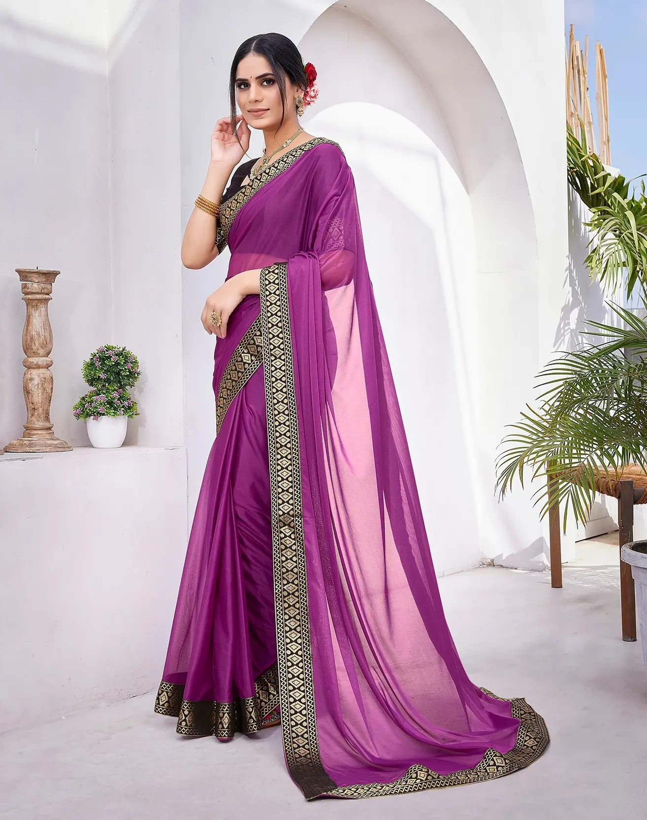 Lycra Blend Saree with Lace Border-Purple-3