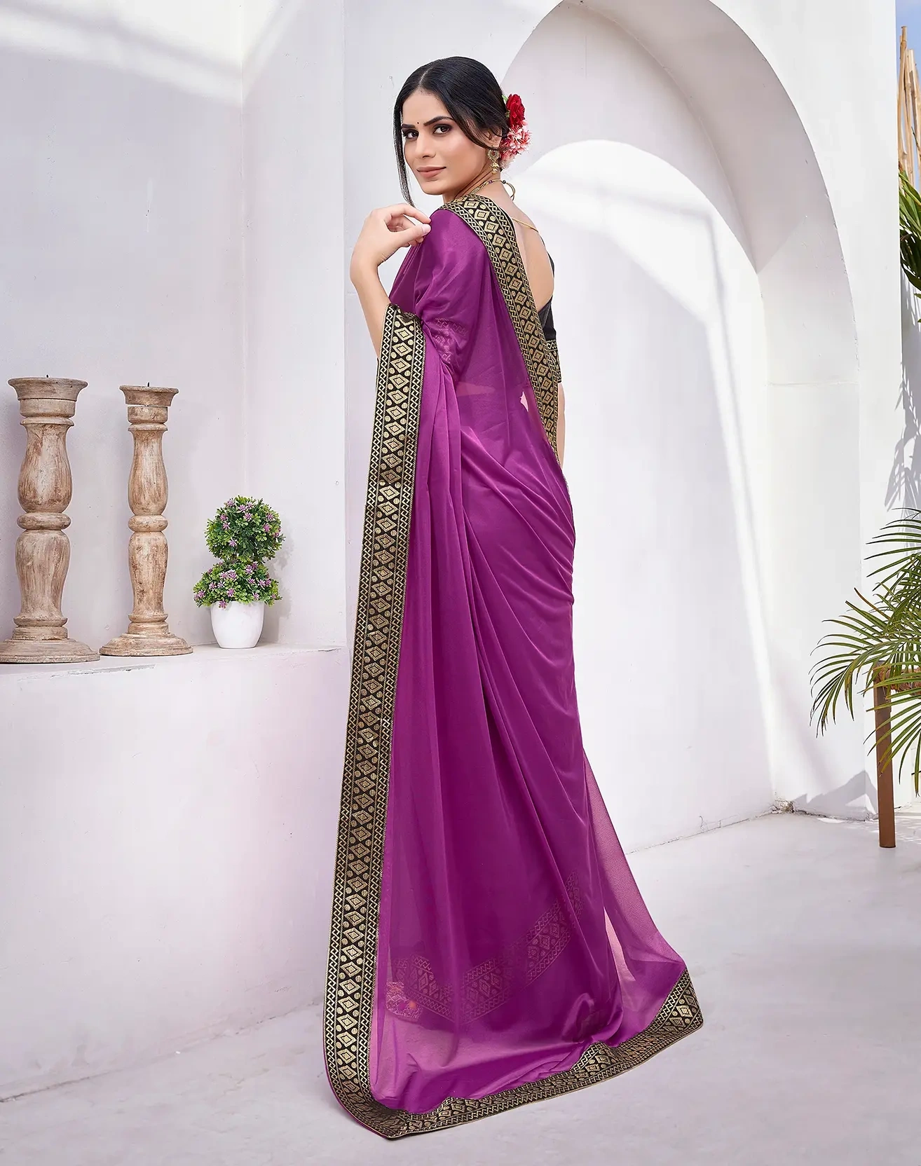 Lycra Blend Saree with Lace Border-Purple-5