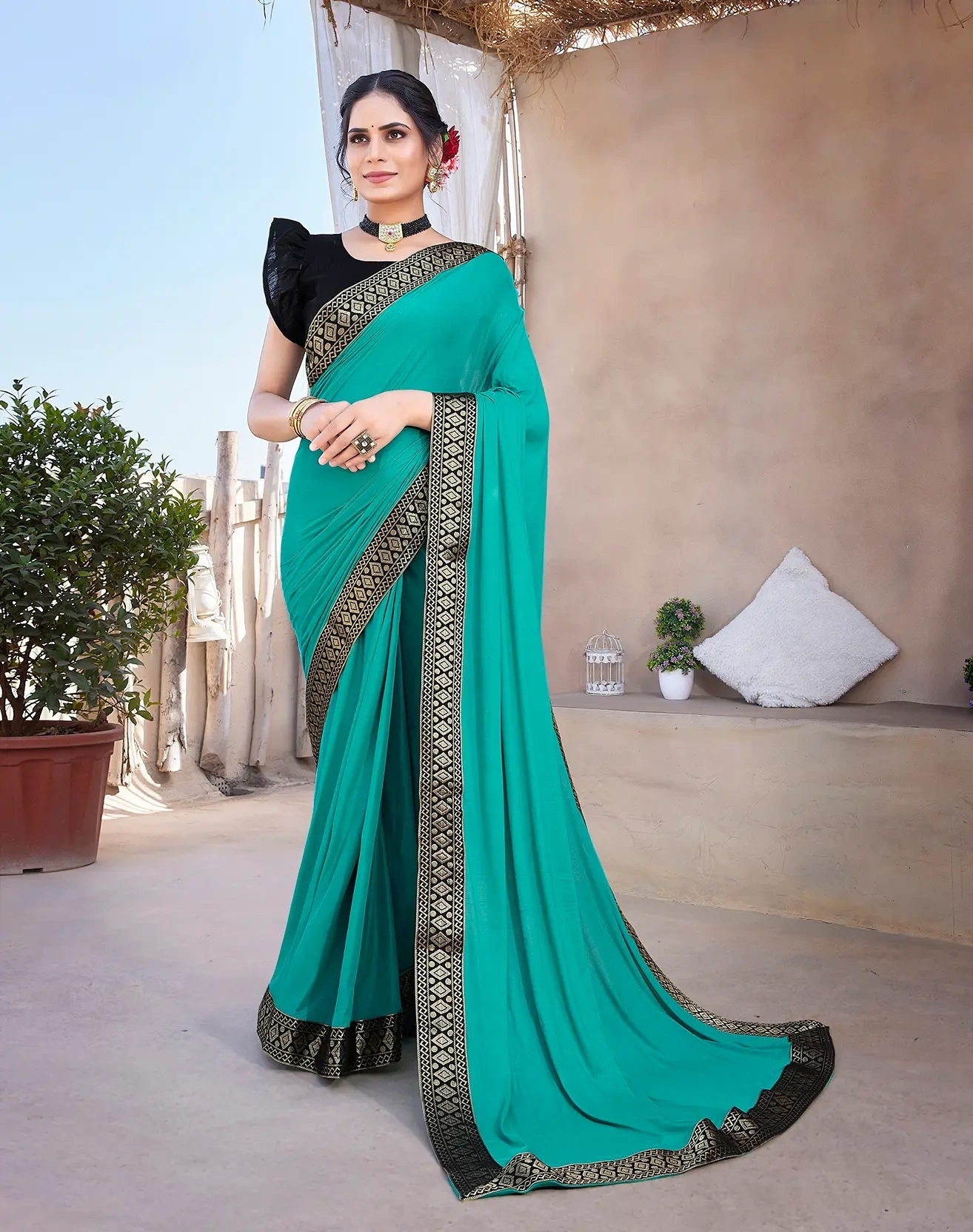 Lycra Blend Saree with Lace Border-KATRI-Rama