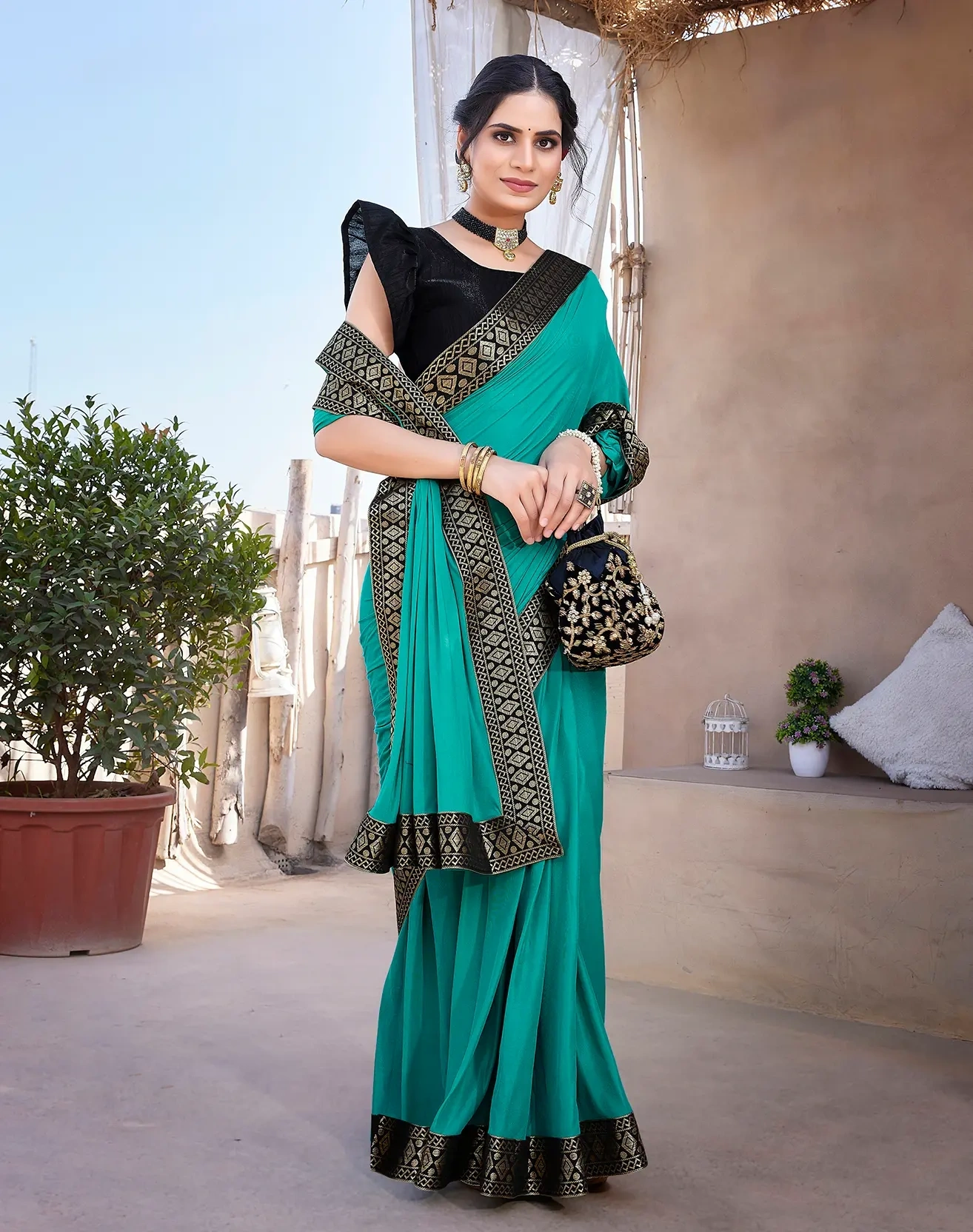 Lycra Blend Saree with Lace Border-Cyan-1