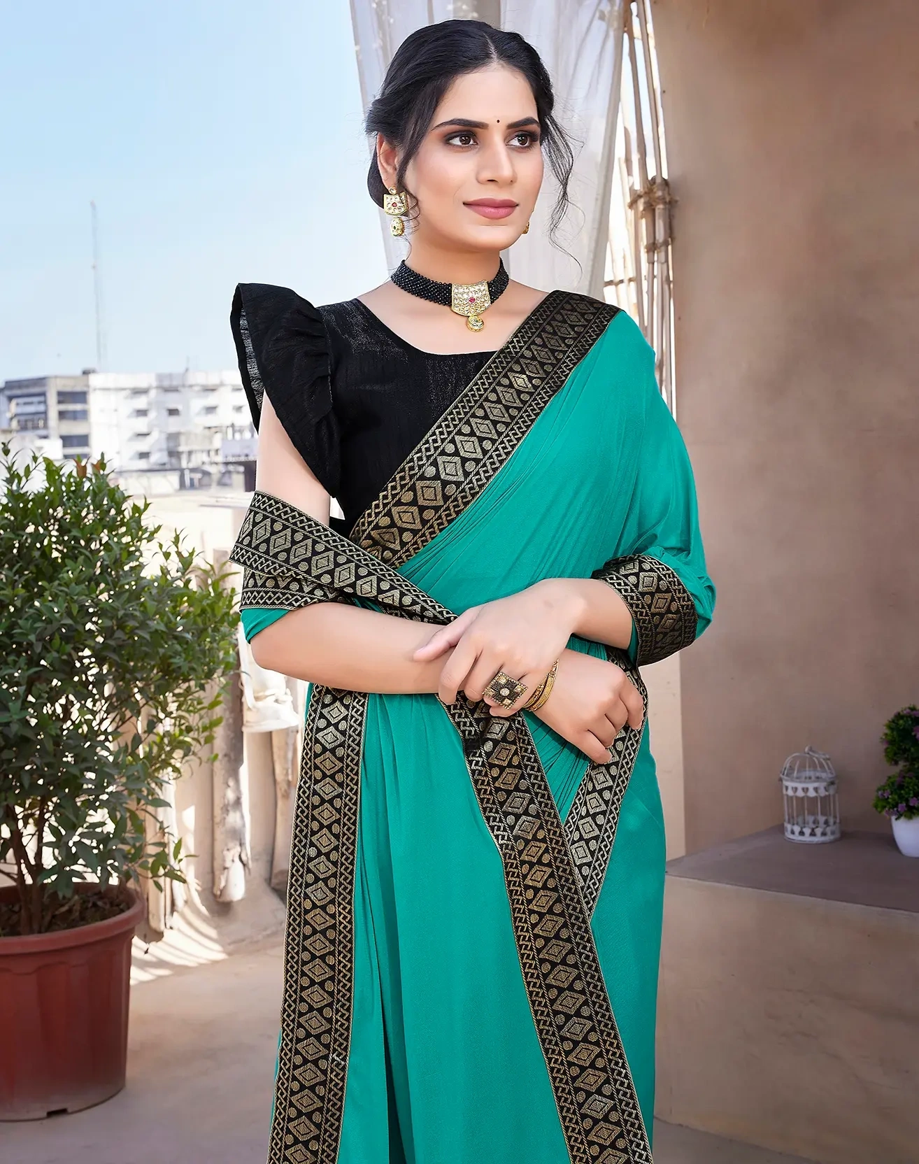 Lycra Blend Saree with Lace Border-Cyan-2