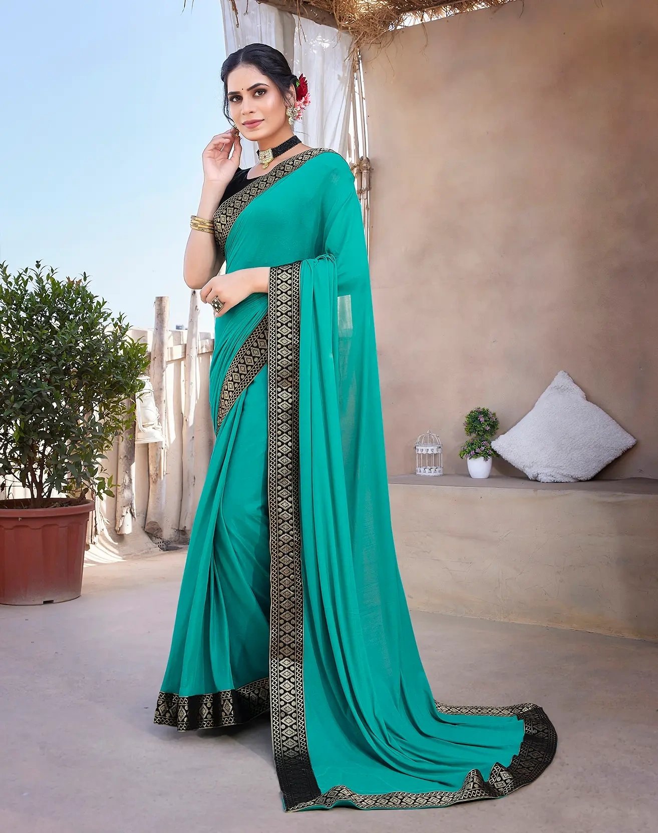 Lycra Blend Saree with Lace Border-Cyan-3