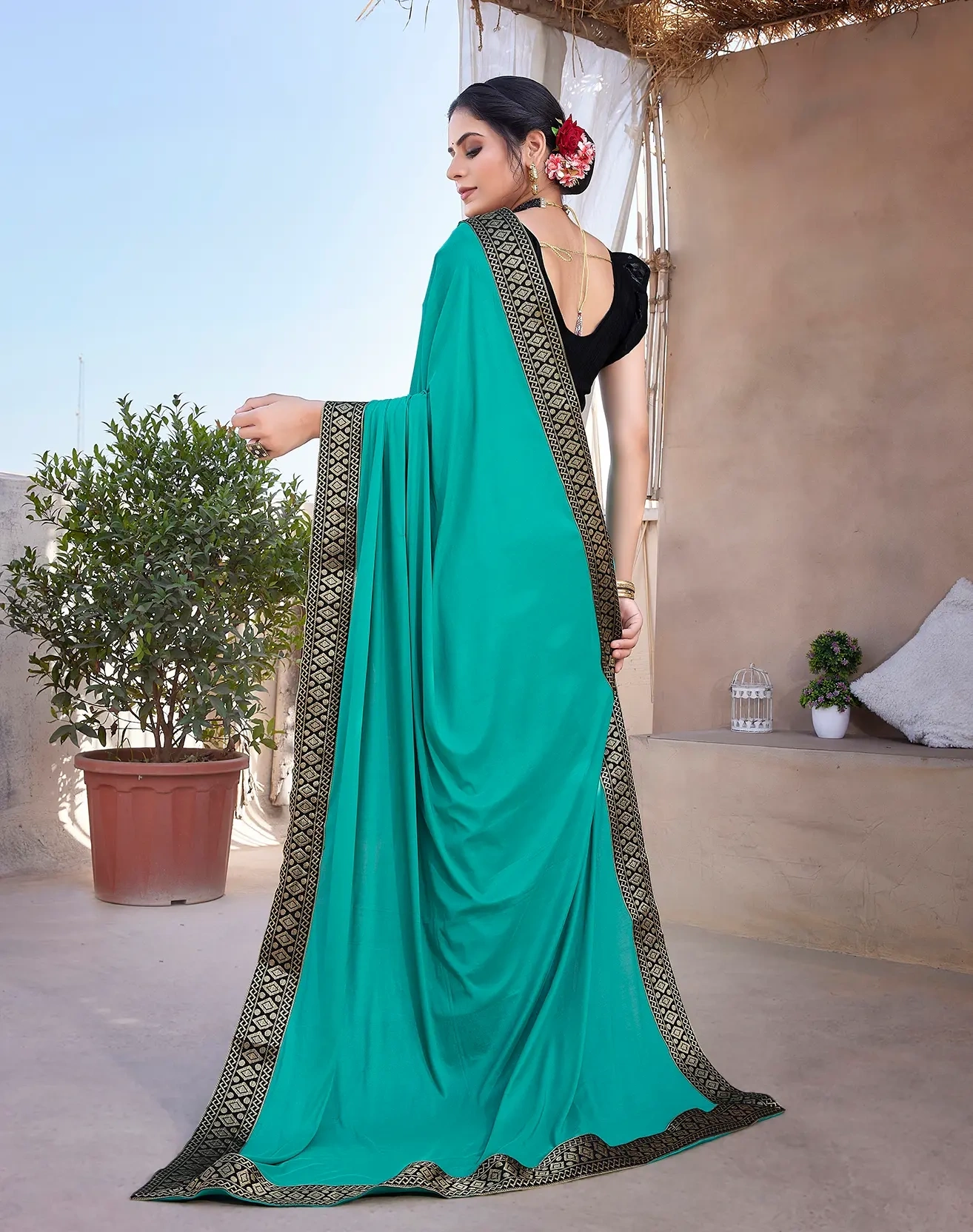 Lycra Blend Saree with Lace Border-Cyan-5