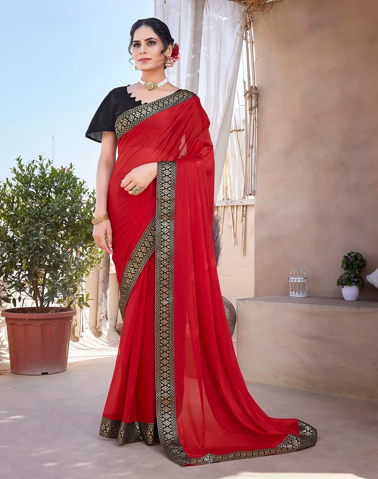 Lycra Blend Saree with Lace Border-KATRI-Red