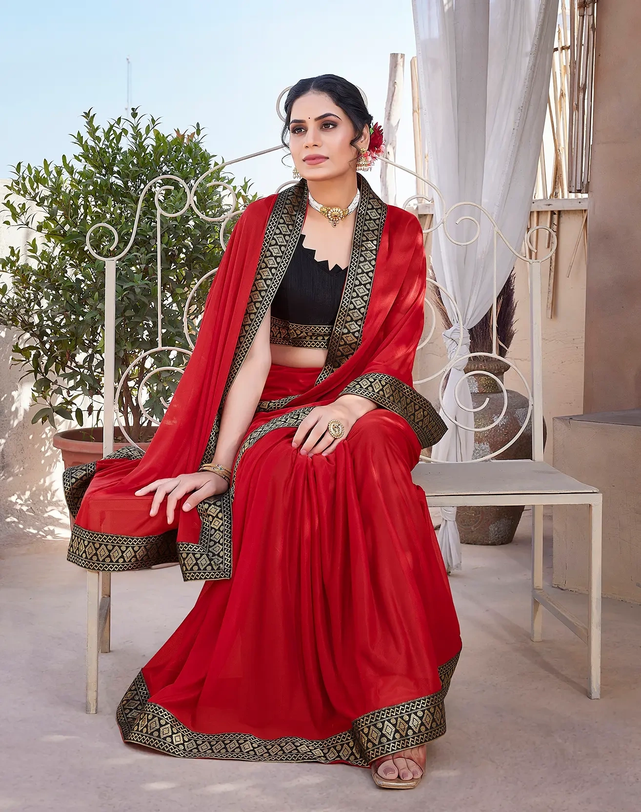 Lycra Blend Saree with Lace Border-Red-1