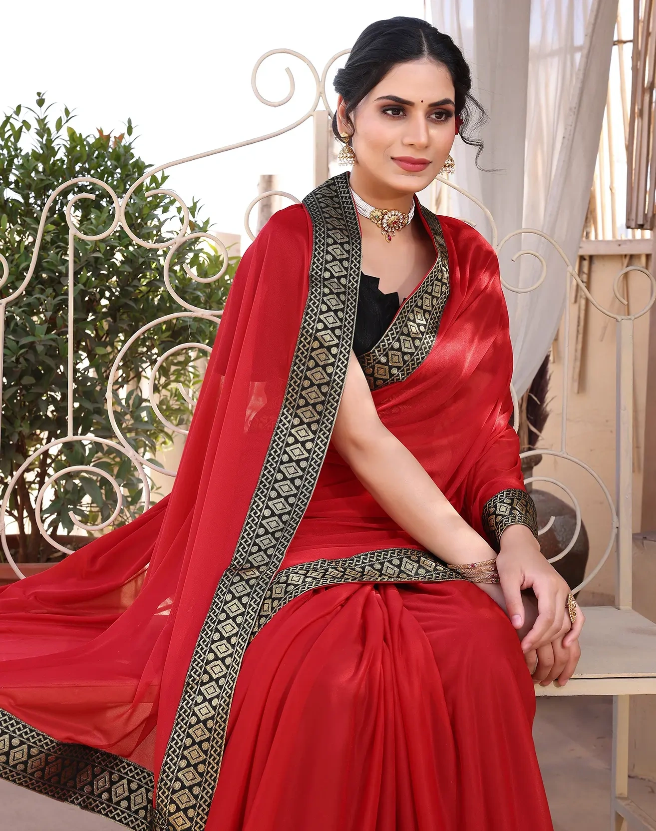 Lycra Blend Saree with Lace Border-Red-2