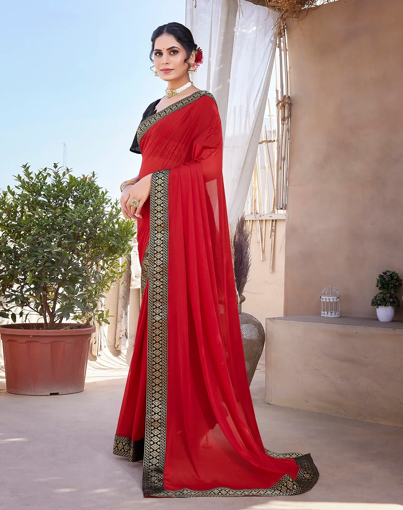 Lycra Blend Saree with Lace Border-Red-3