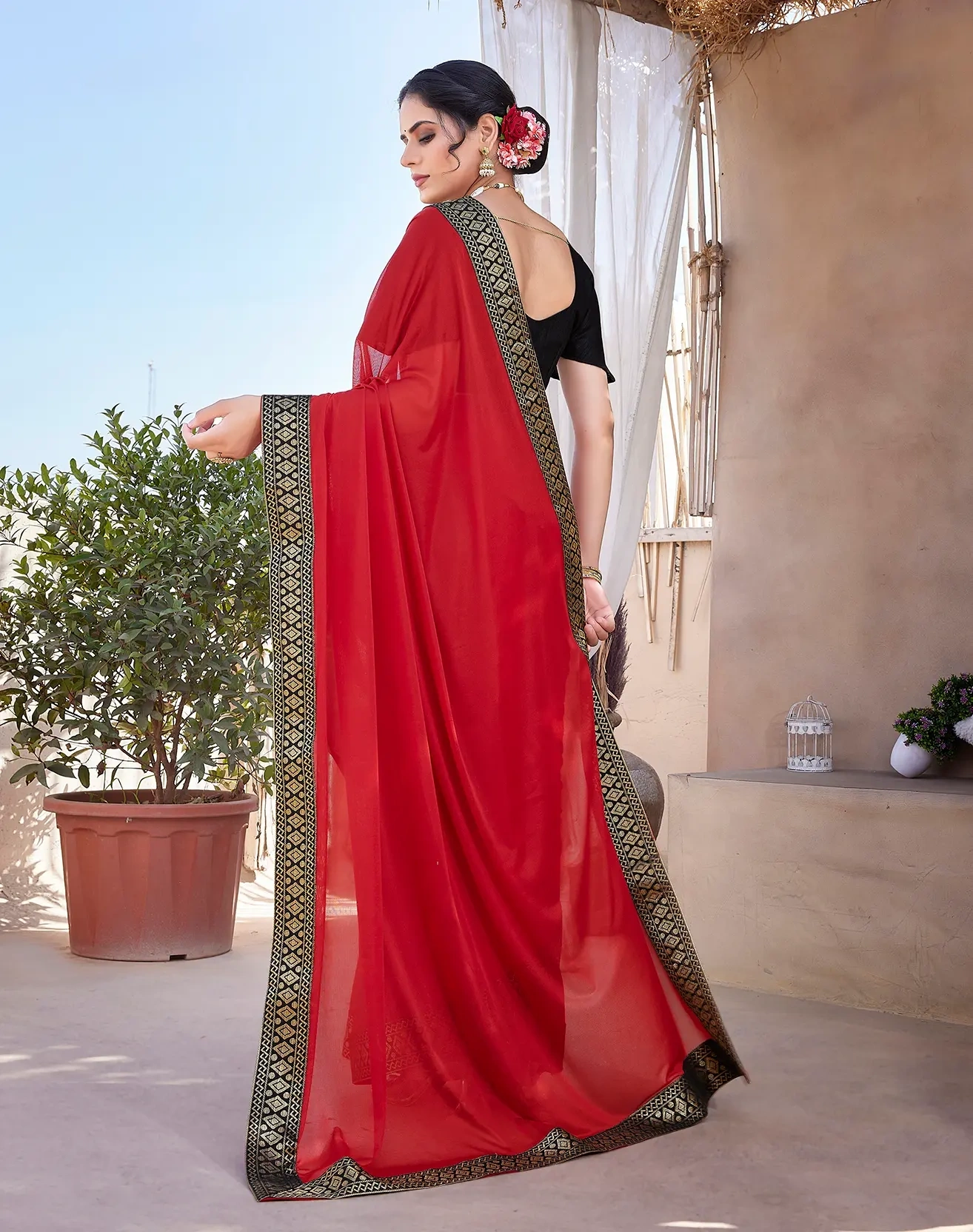 Lycra Blend Saree with Lace Border-Red-5