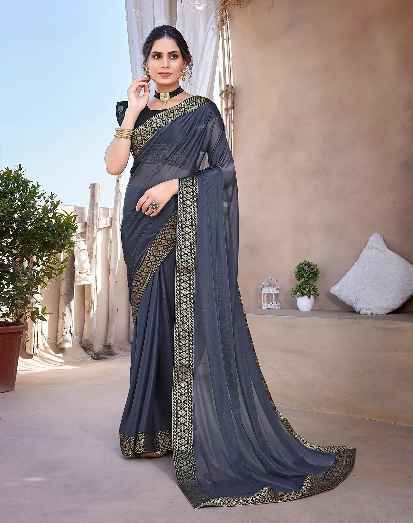 Lycra Blend Saree with Lace Border-KATRI-Grey