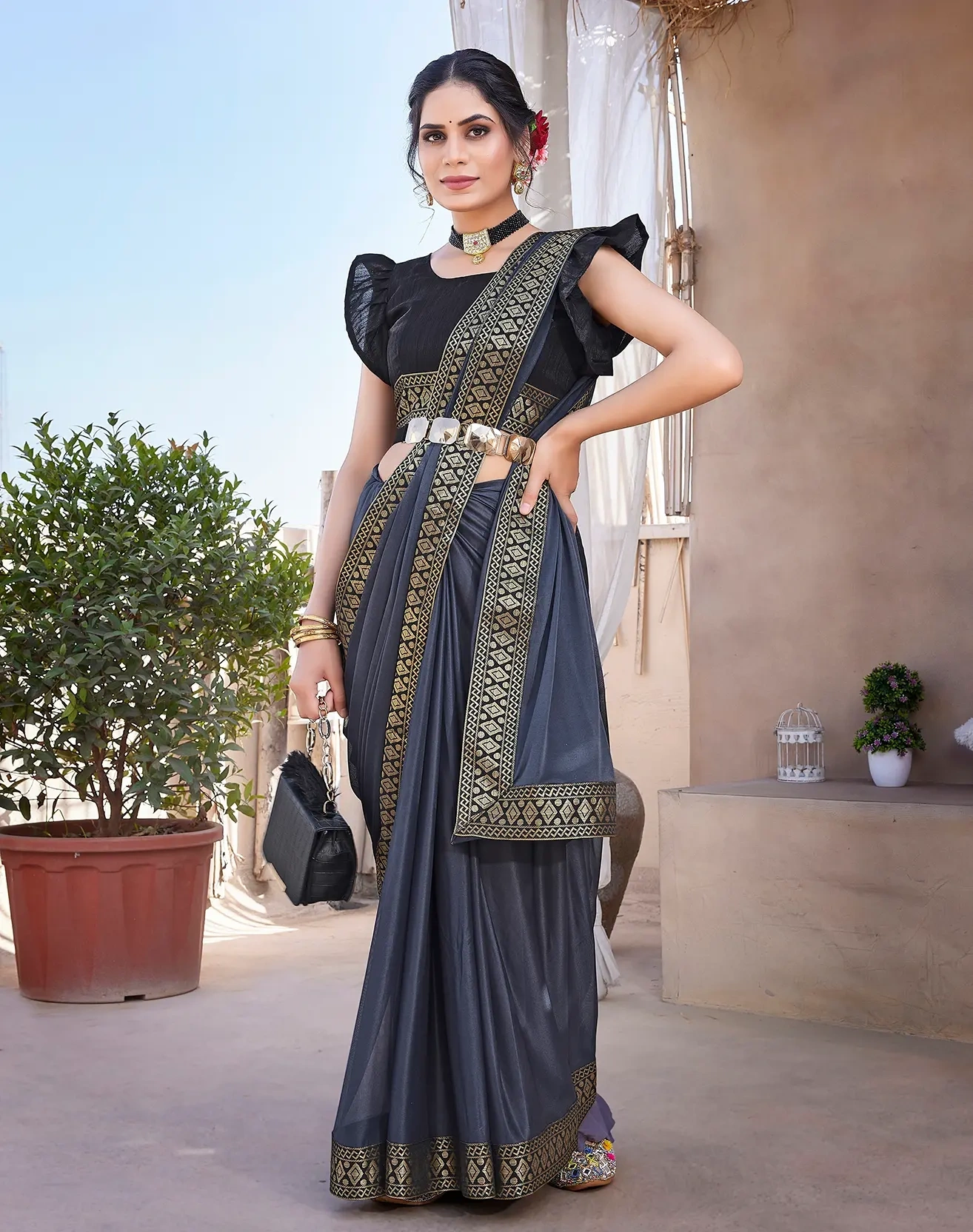 Lycra Blend Saree with Lace Border-Grey-1