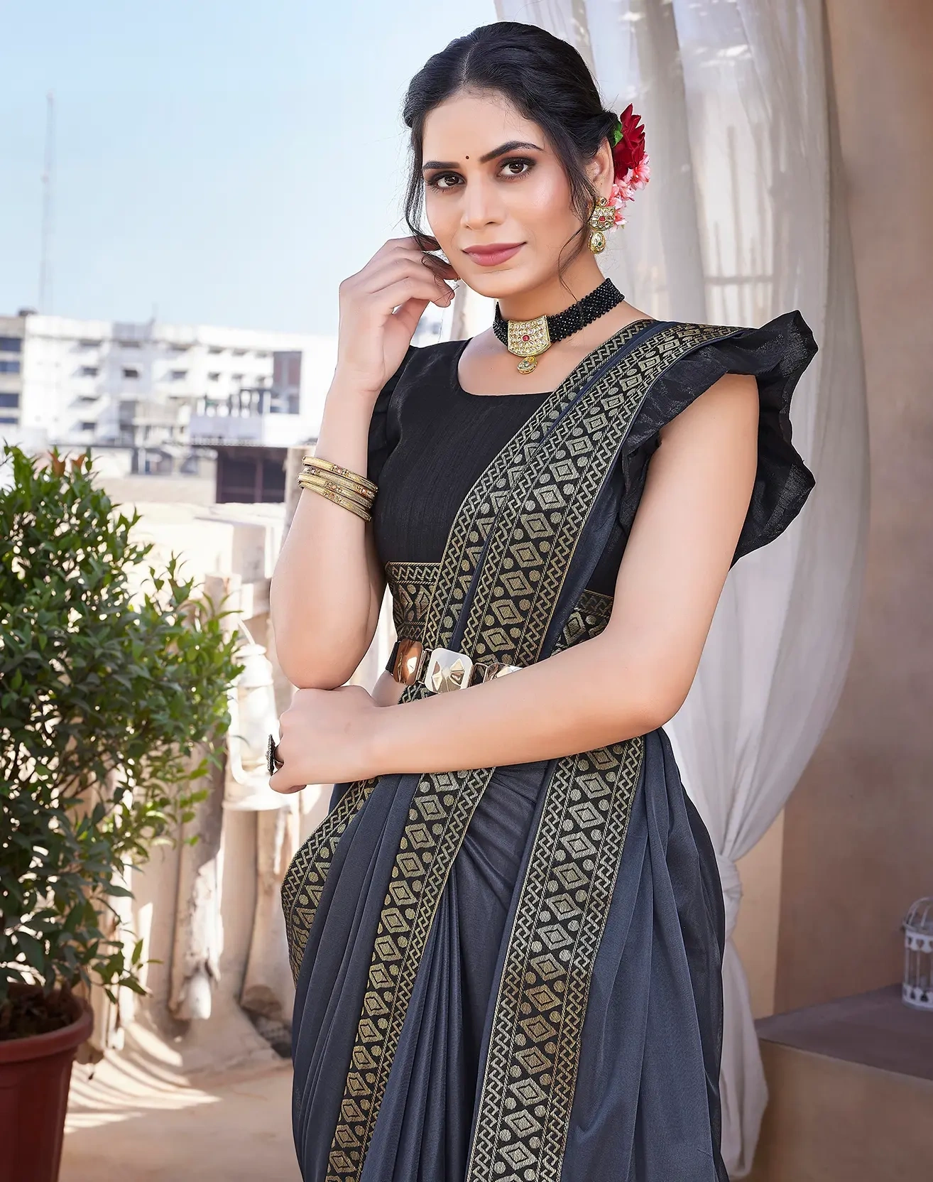 Lycra Blend Saree with Lace Border-Grey-2