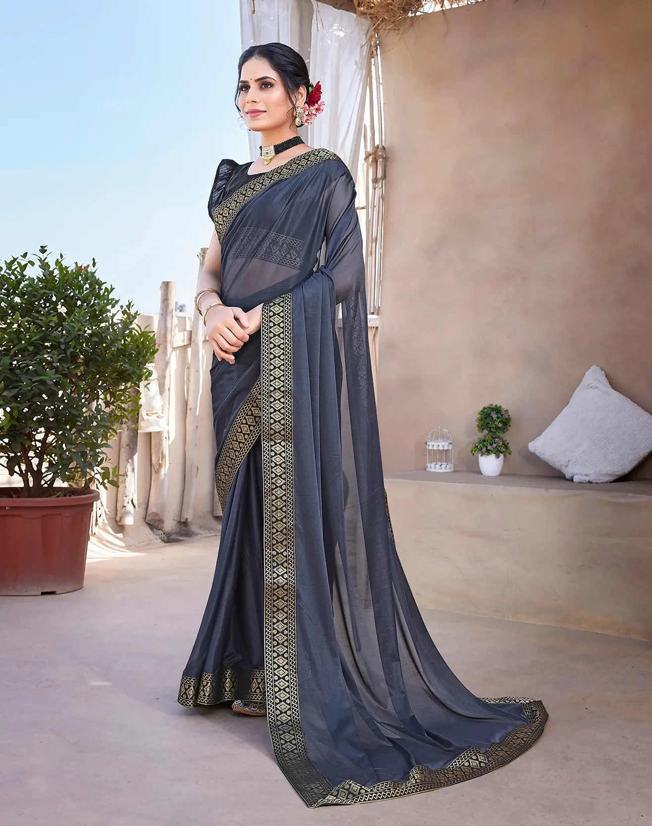 Lycra Blend Saree with Lace Border-Grey-3