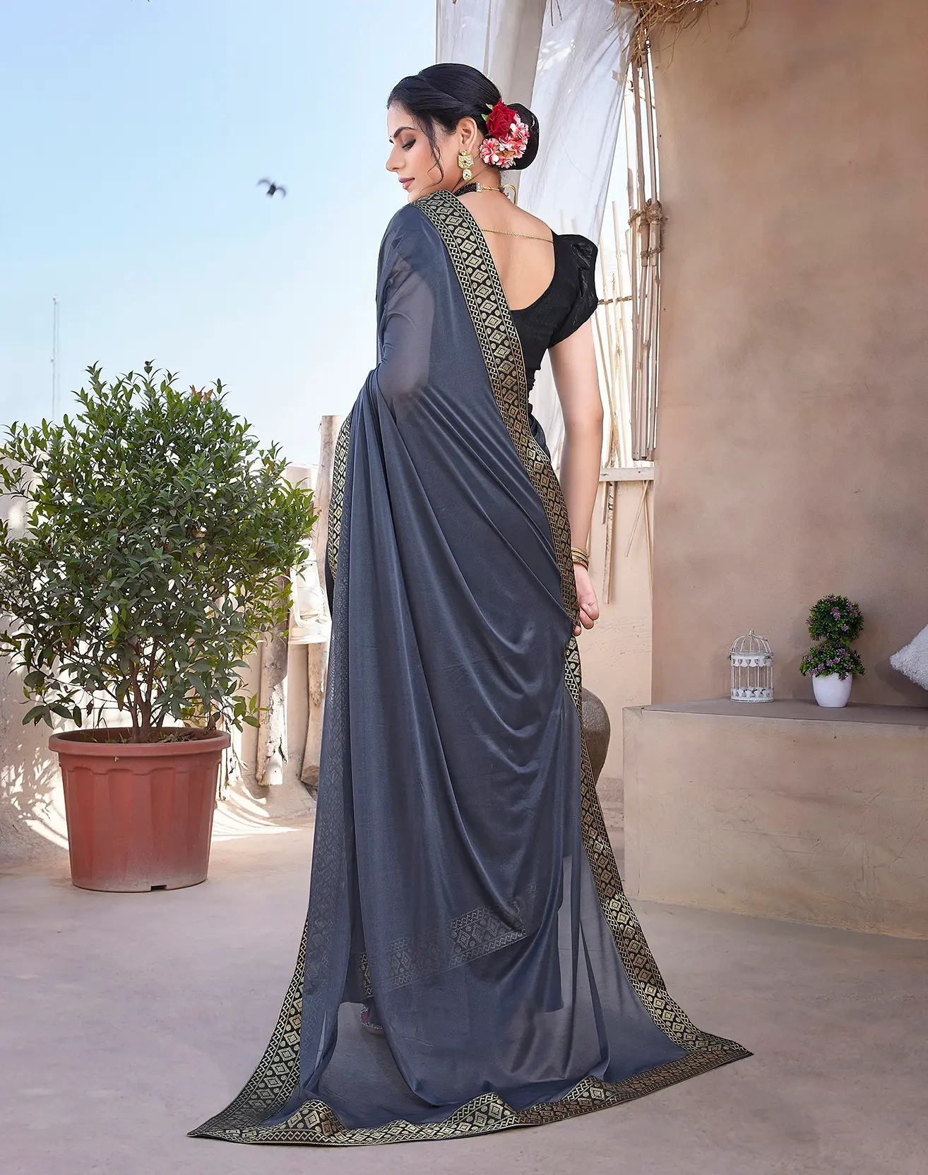 Lycra Blend Saree with Lace Border-Grey-5