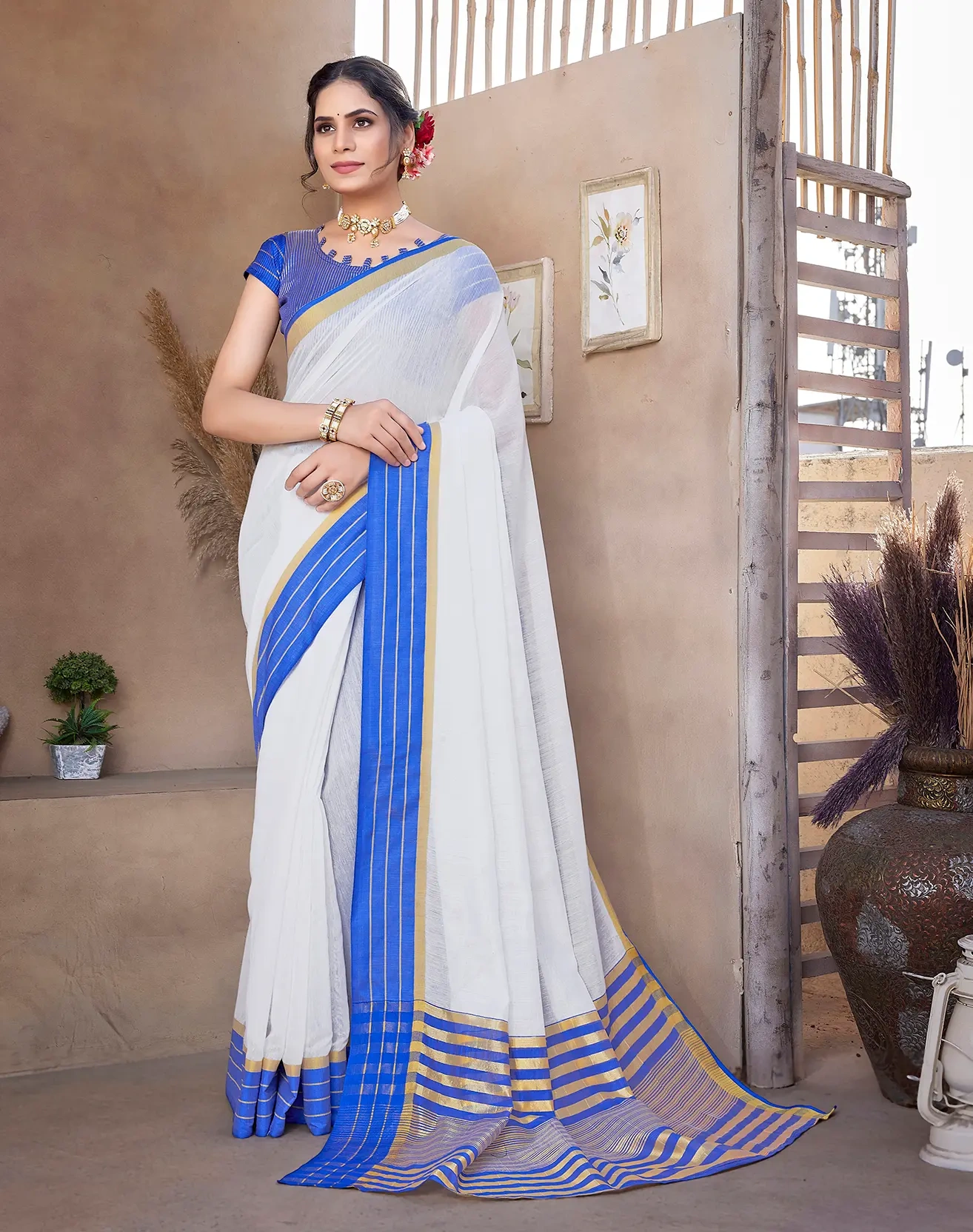 Cotton Saree with Contrast Border-KOPAL-Blue