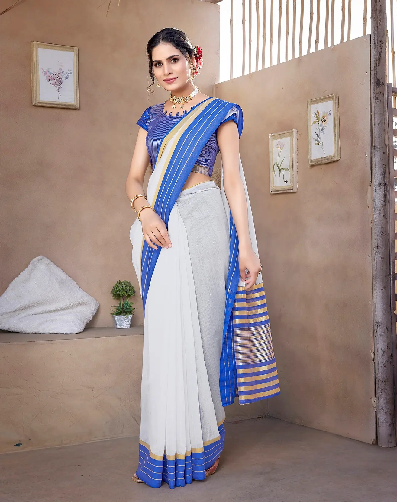 Cotton Saree with Contrast Border-Blue-1