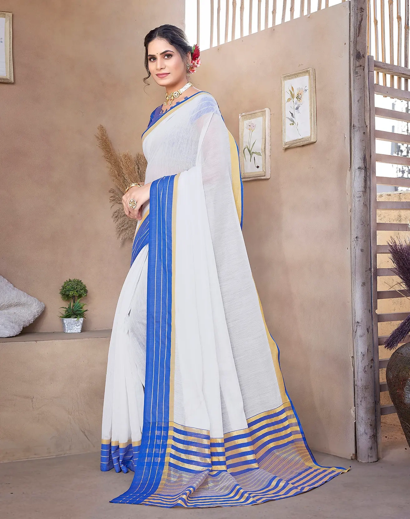 Cotton Saree with Contrast Border-Blue-3