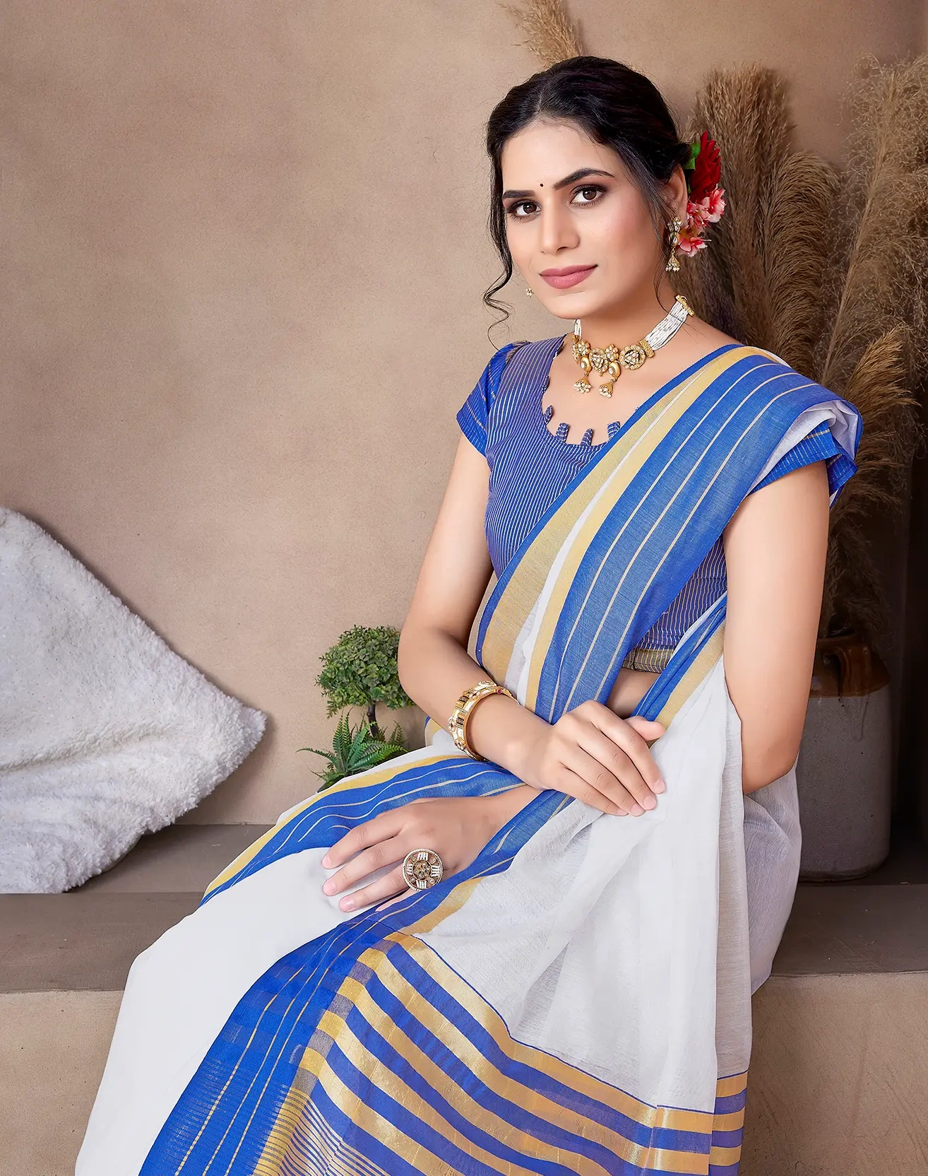 Cotton Saree with Contrast Border-Blue-2