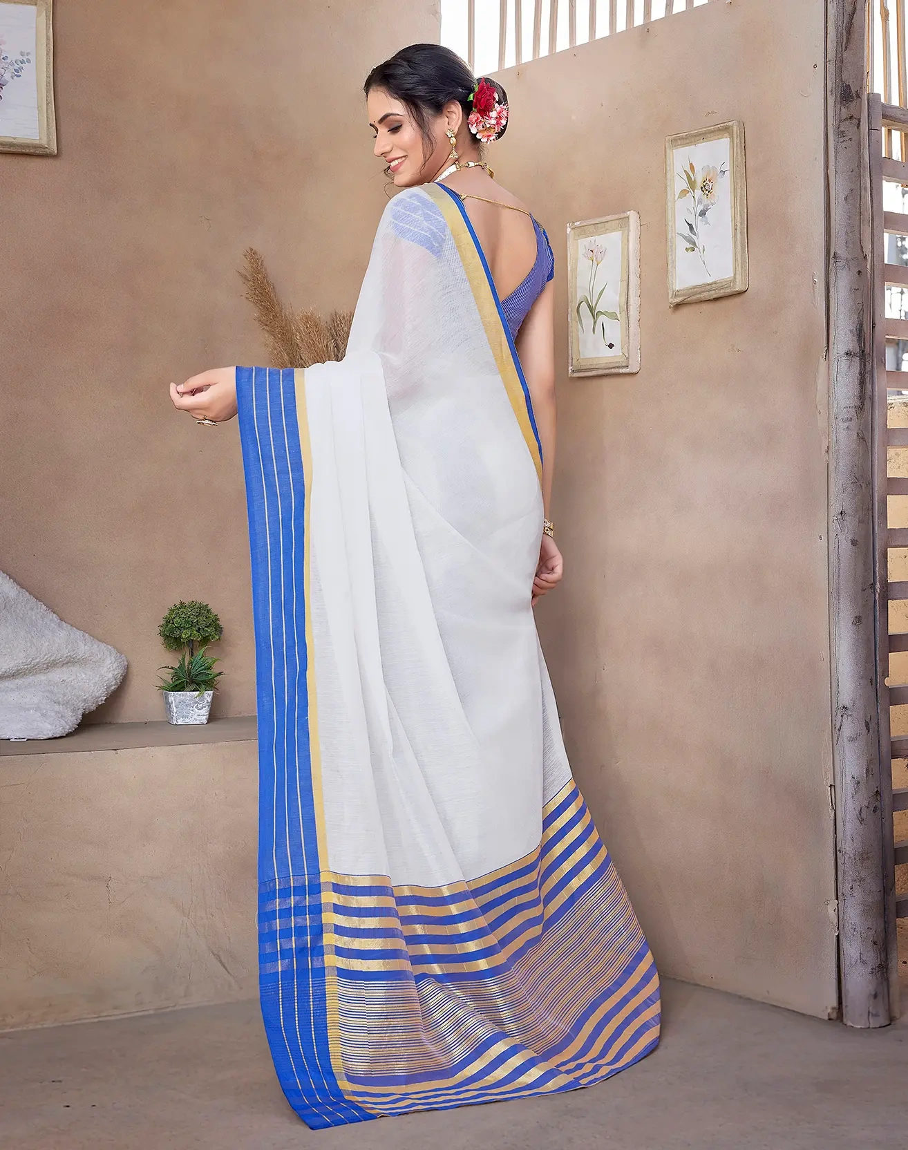 Cotton Saree with Contrast Border-Blue-5