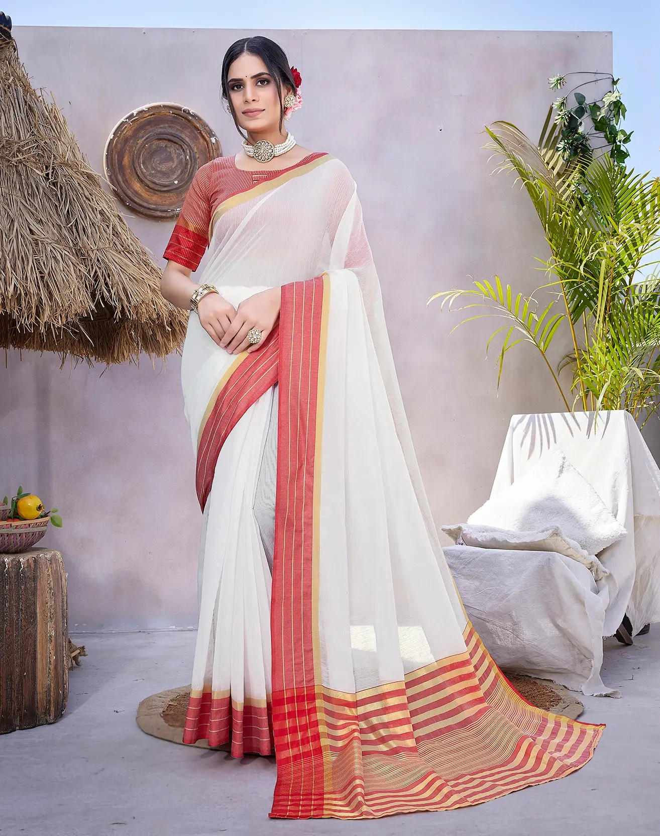 Cotton Saree with Contrast Border-KOPAL-Red