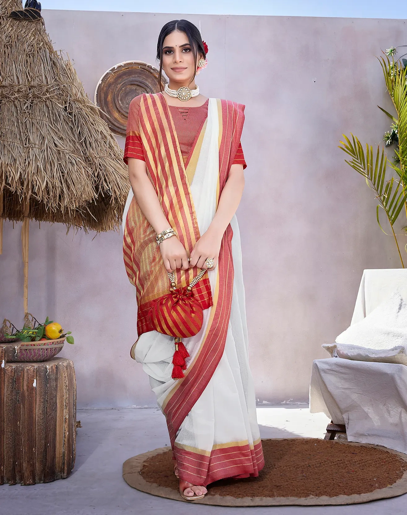 Cotton Saree with Contrast Border-Red-1