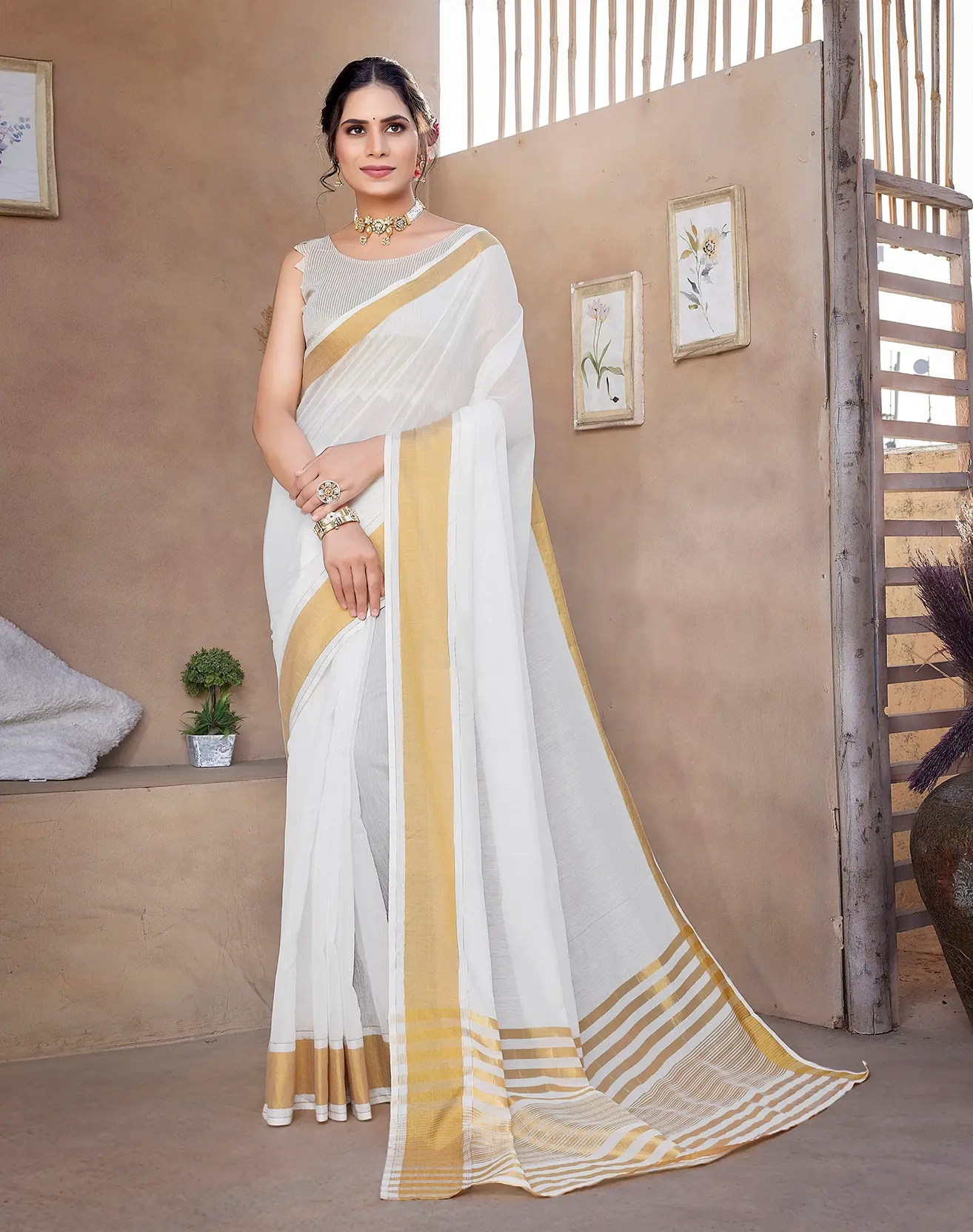 Cotton Saree with Contrast Border-KOPAL-White