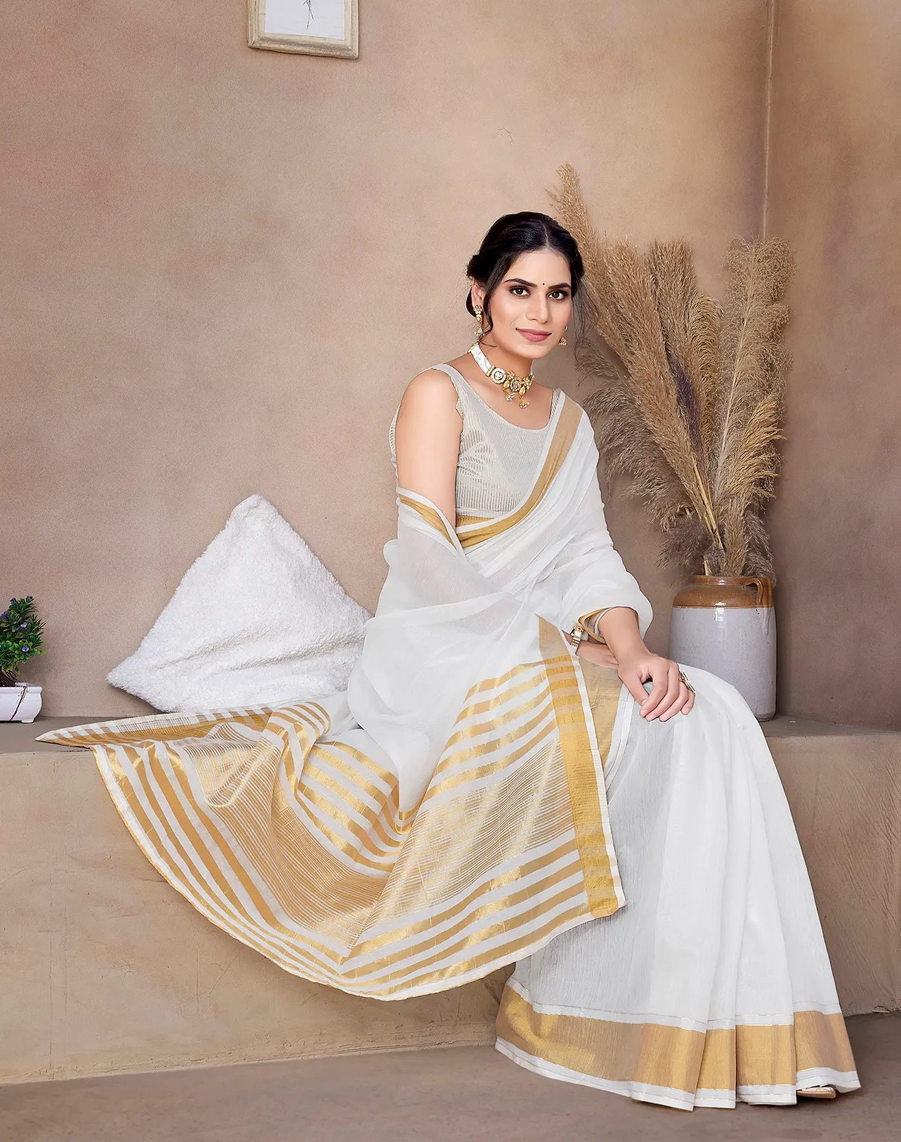 Cotton Saree with Contrast Border-Gold-1