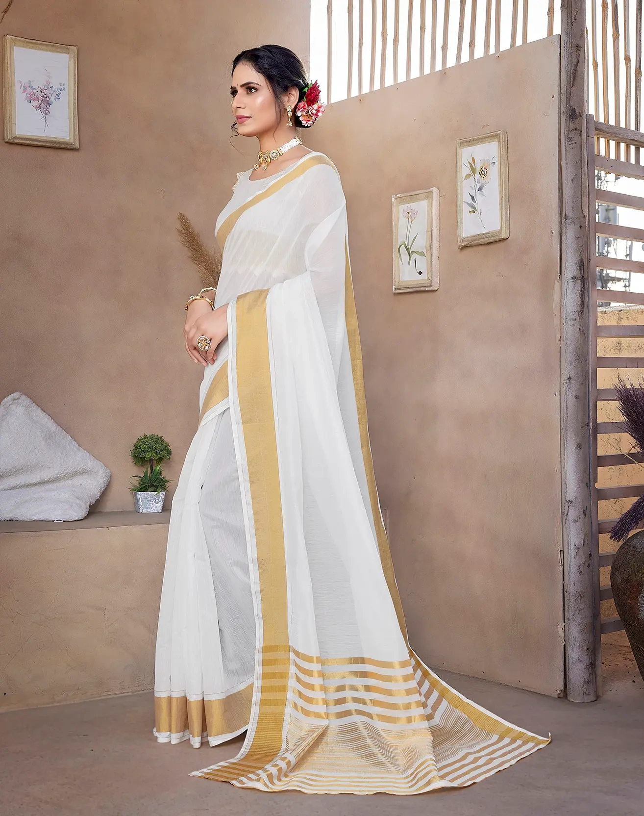 Cotton Saree with Contrast Border-Gold-3