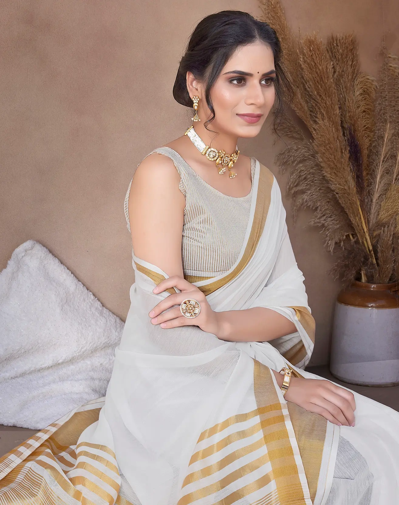 Cotton Saree with Contrast Border-Gold-2