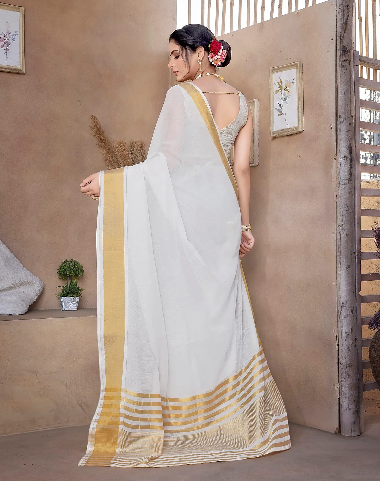 Cotton Saree with Contrast Border-Gold-5