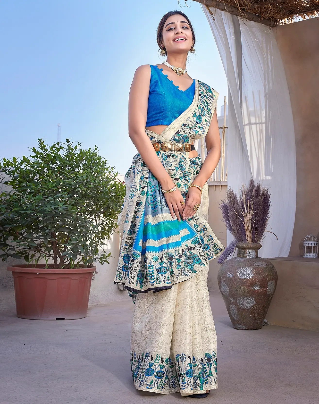 Women's Printed Trendy Art Silk Saree with Blouse-Blue-1